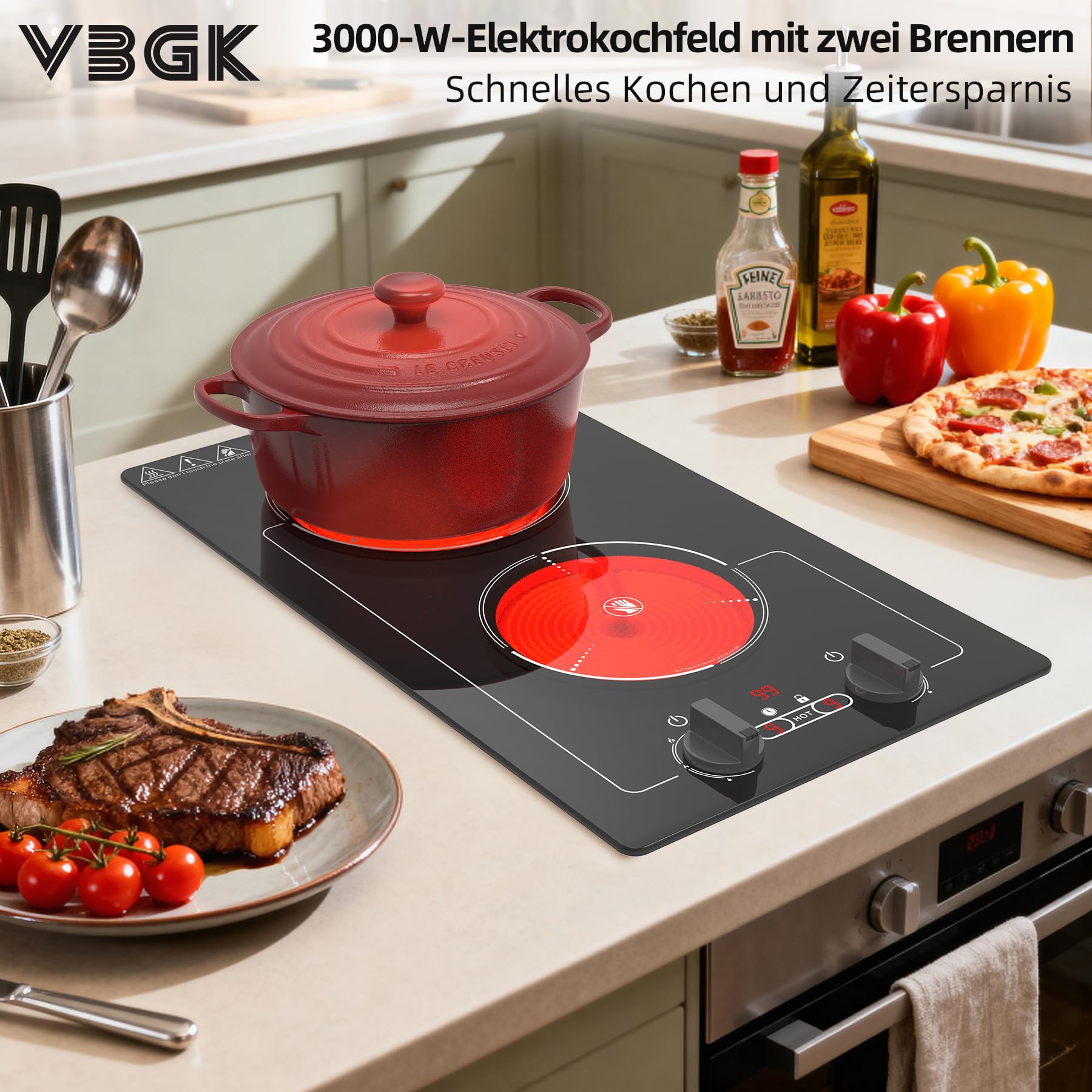 VBGK Cerankochfeld 2 Platten mit Stecker, 220V 3000W Glaskeramikkochfeld, 9 Leistungsstufen, Kindersicherung & Timer, Überhitzungsschutz, Drehknopf und Touch-Bedienung, Herdplatte 2 Kochfelder