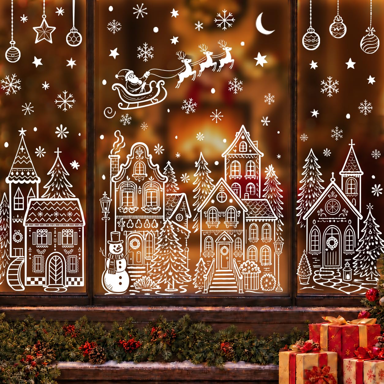 Extra Large Village Christmas Window Clings, Winter White House Stickers