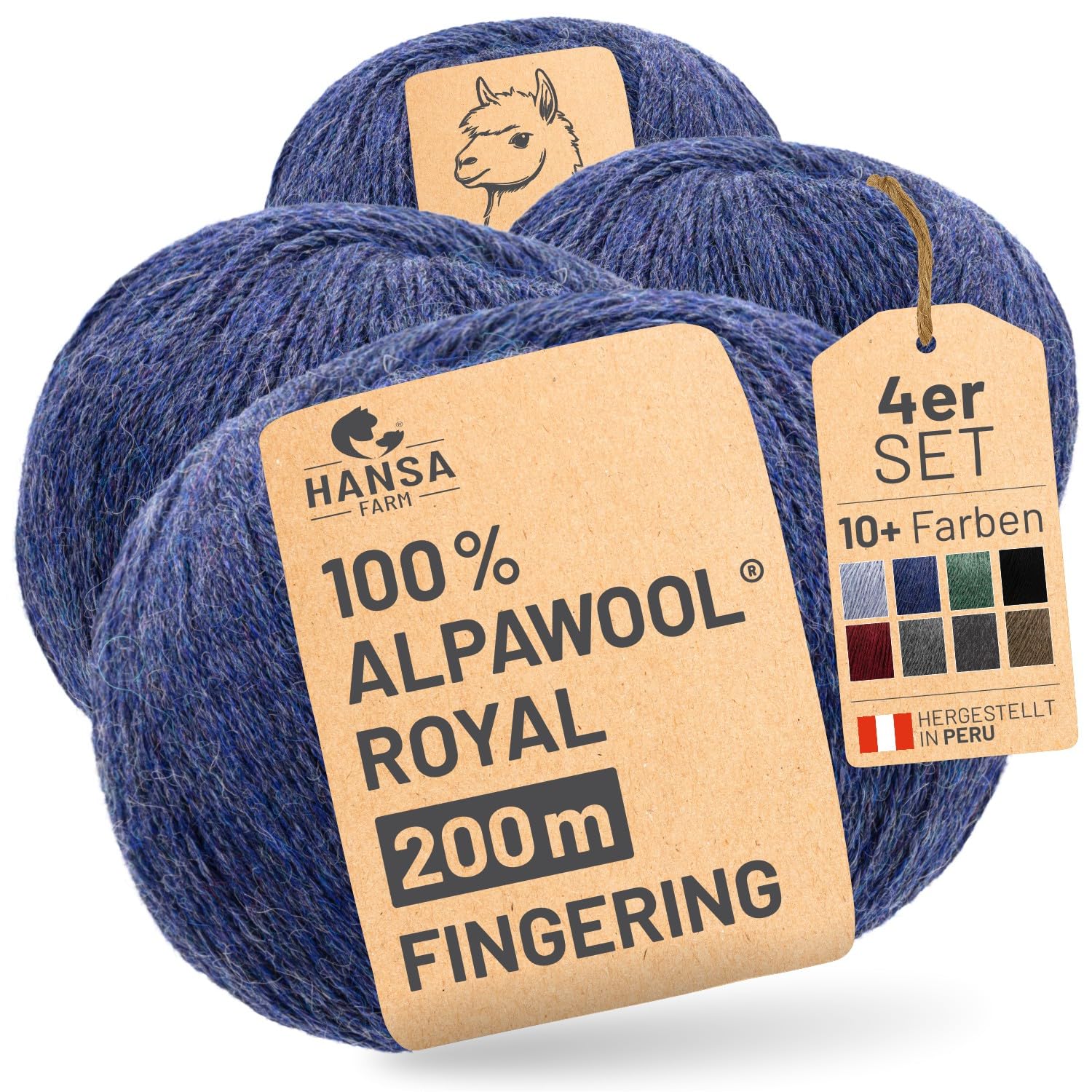 HANSA-FARM Alpawool 100% Royal Alpaka Set da 200 g (4 x 50 g), pregiata e assolutamente priva di graffi, per lavorare a maglia e all'uncinetto, HF236, blu scuro, melange