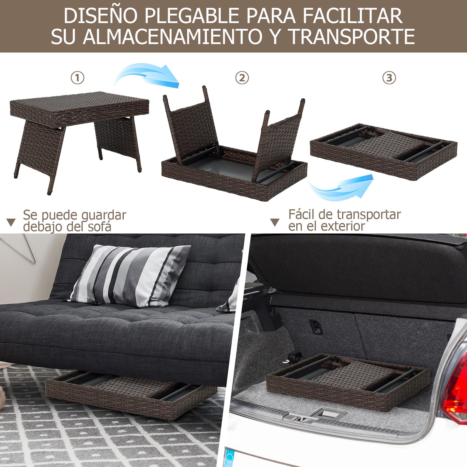 GOPLUS Mesa Baja Jardín Plegable de Ratán, Mesa Auxiliar con Estructura de Acero Resistente y Patas Ajustables, Mesa de Café sin Montaje Ahorra Espacio para Exterior Terraza Piscina, 60 x 40 x 40 cm