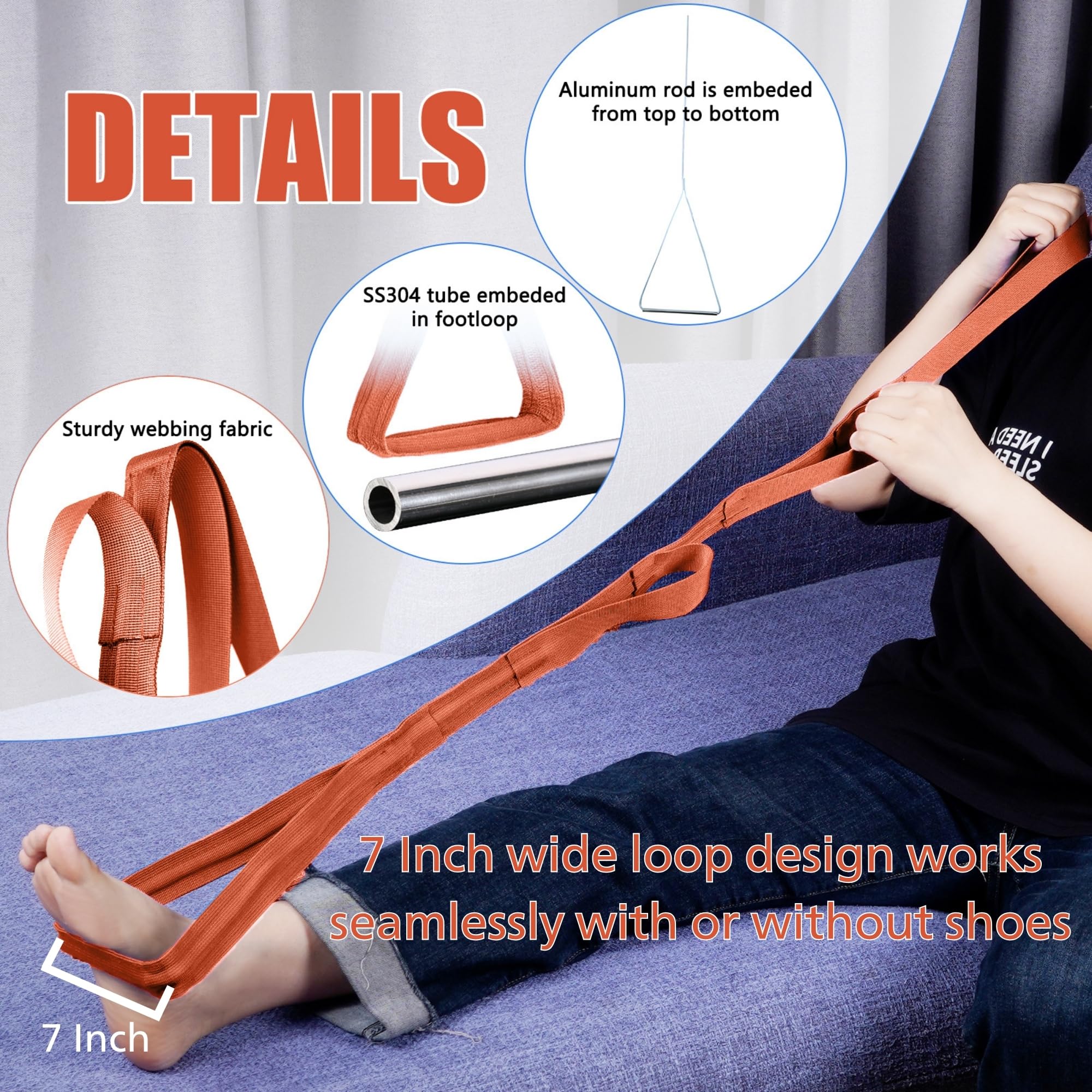 42 Inch Long Leg Lifter,Leg Lifter After Hip Replacement All Over with Aluminum Rod, Hip Kit for Seniors Total Hip Replacement Prime Large Rigid Foot Loop &Sturdy Multiple Handles(Orange) — Amazon image 2
