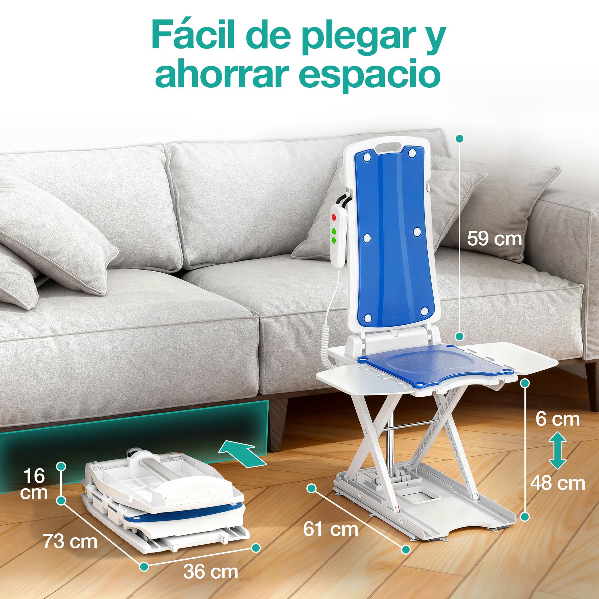 Sillas para Levantarse, Grúa para Enfermos con Control Remoto | Grua para Personas Mayores Electrica con Mando a Distancia, Altura Ajustable, IP68 Impermeable, Asiento Ergonómico Plegable