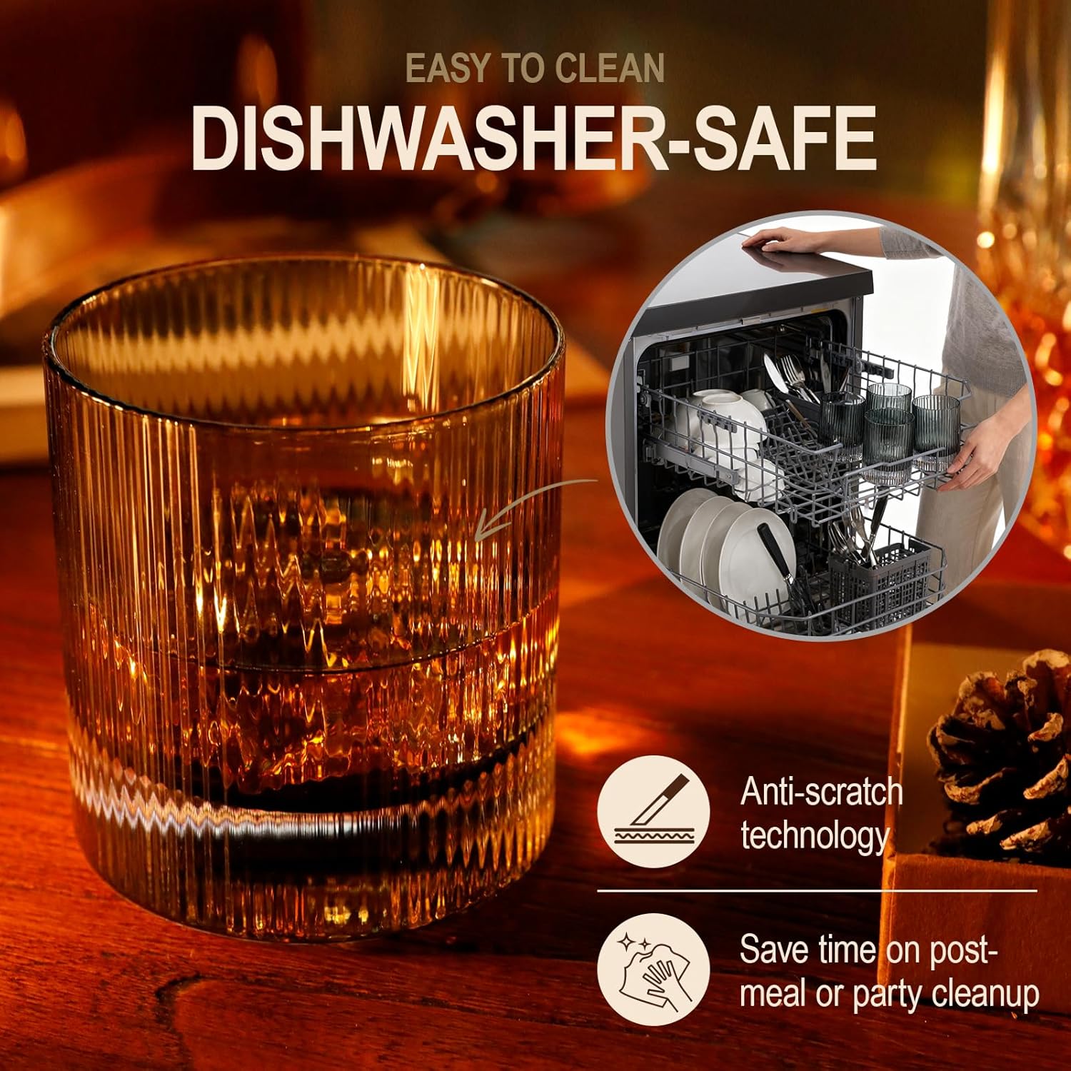 Whiskey Glasses Set of 4, 10 oz, Lead-Free Glassware, Grey Straight Line design, Rocks Glass Old Fashioned Lowball Tumblers, Cocktails, Scotch Whisky, Rum, Vintage Style -Dishwasher Safe - Image 3