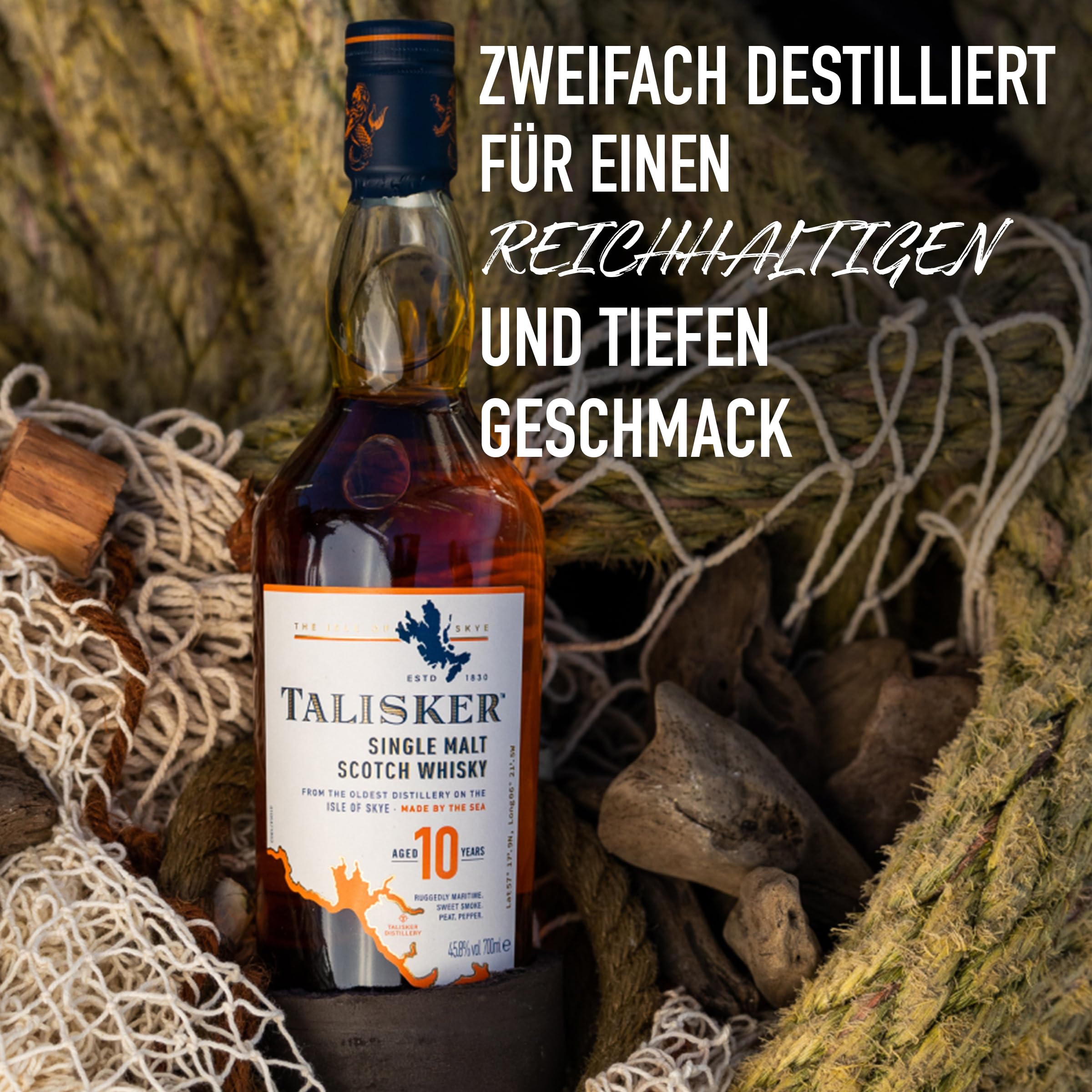 Talisker 10 Jahre, aromatischer Single Malt Scotch Whisky, mit Geschenkverpackung, handverlesen von der schottischen Insel Skye, 45,8% vol, 700ml Einzelflasche