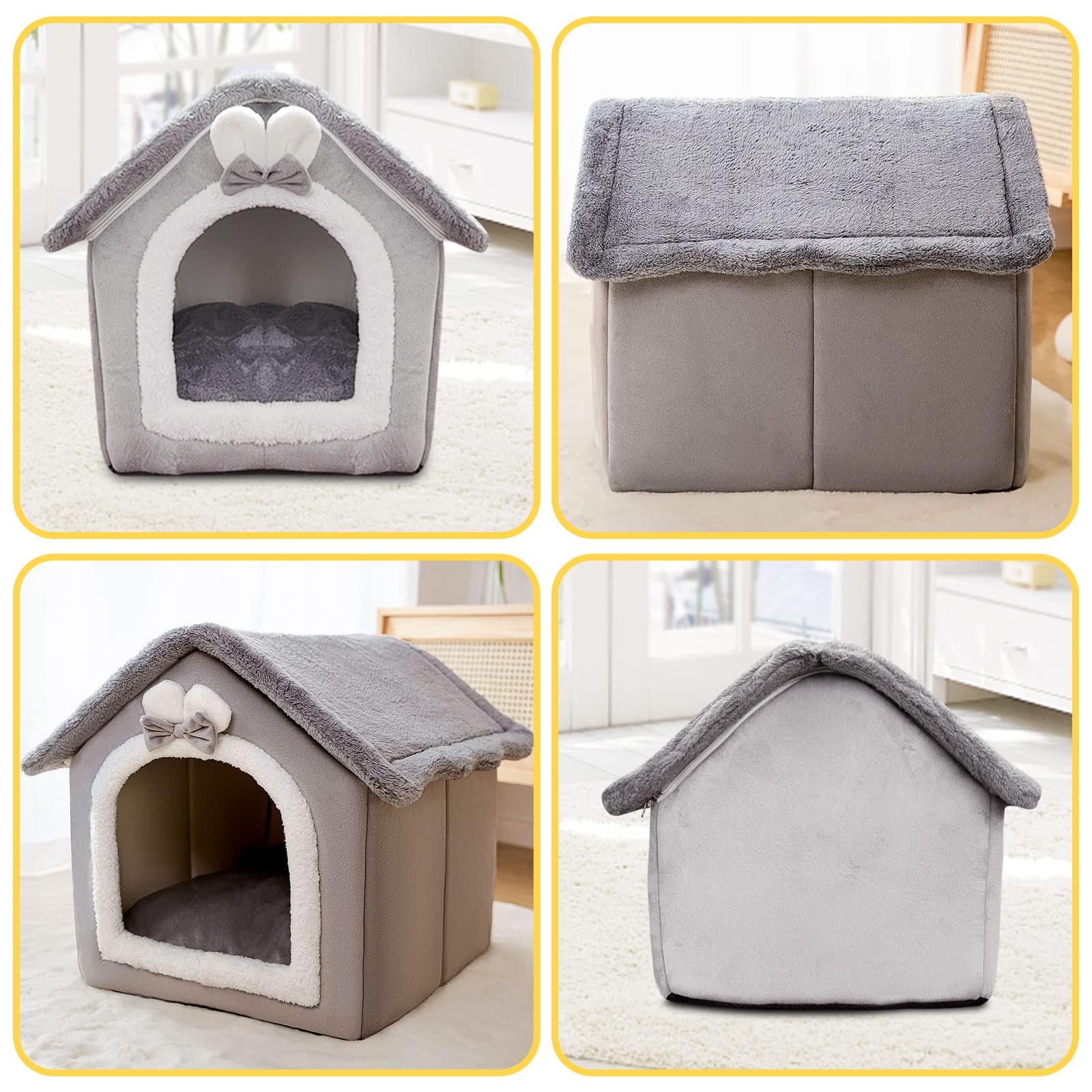Galatée Cama De Cueva De Gato, Cama Lavable para Perros, Iglú De Felpa Cálida y Acogedora para Gatos, Casa para Mascotas Plegable, Cama para Mascotas con Fondo Antideslizante(S, Conejo Gris)