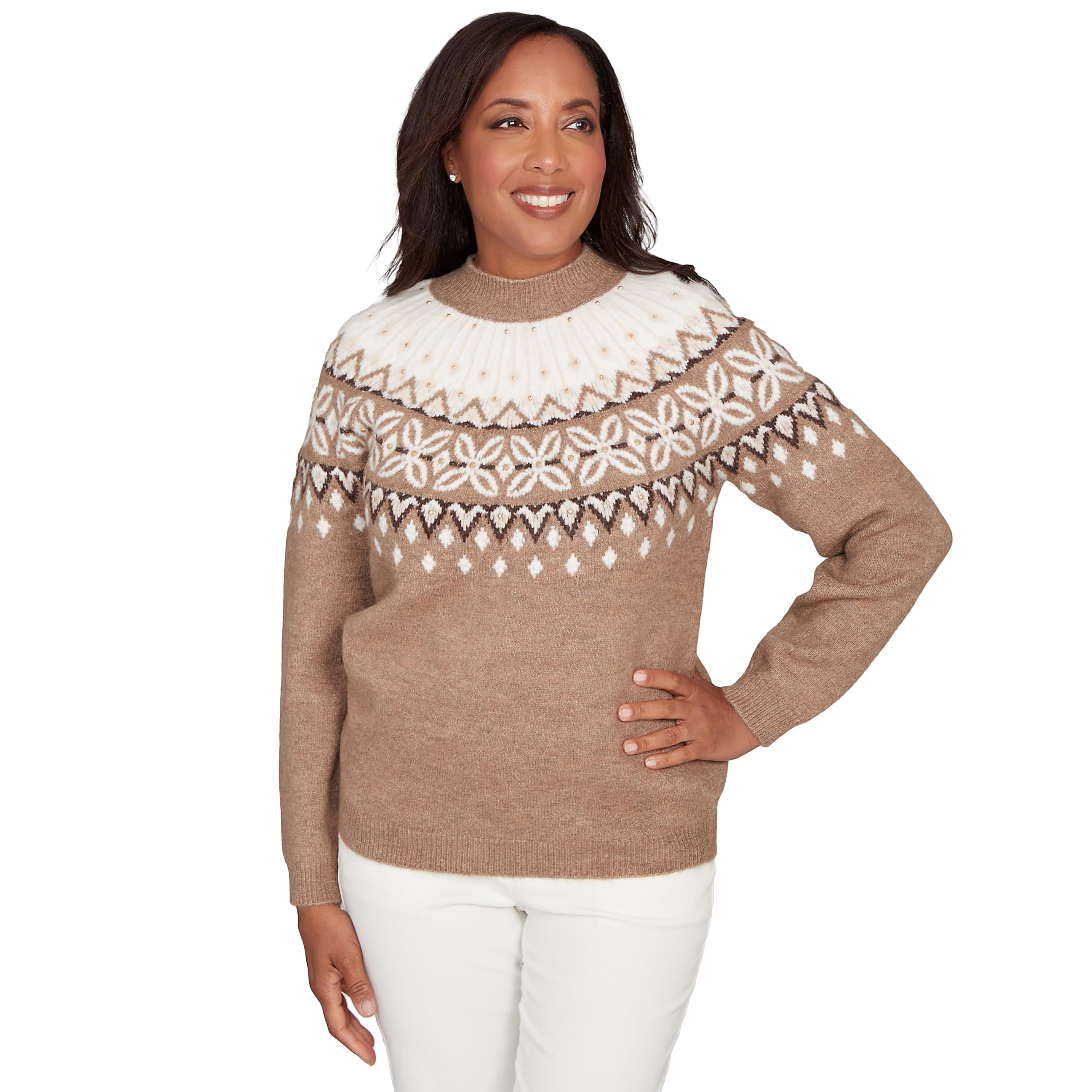 Alfred Dunner Womens Fair Isle Gold Studded Sweater