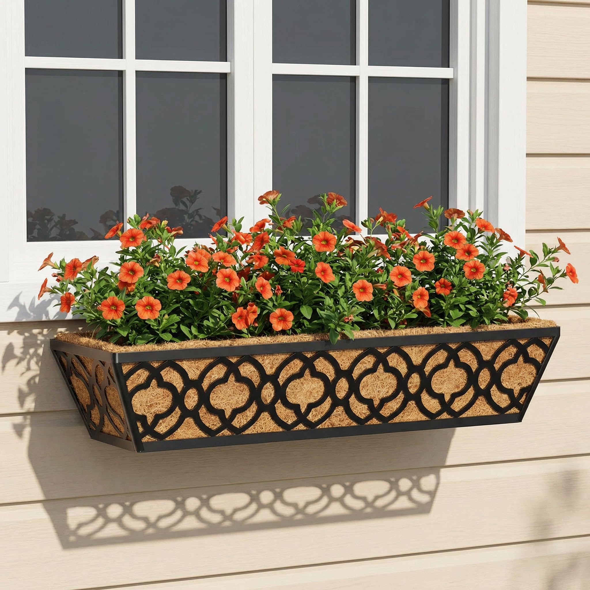 Y&M 6 piezas de cubierta de ventana de 24 pulgadas con forro de coco y barandilla de 24 pulgadas, macetero de metal para colgar flores, balcón, valla de jardín al aire libre, césped