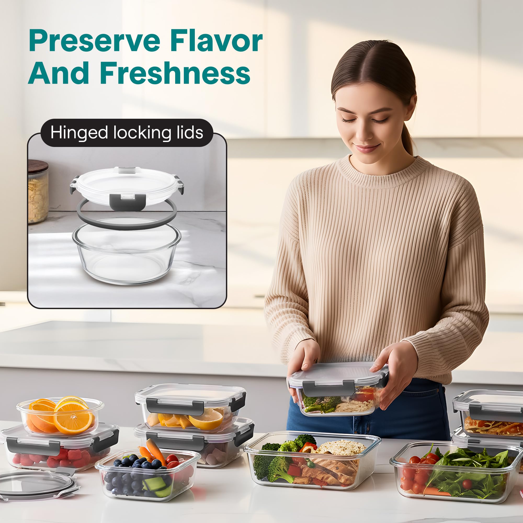 SLGL24GY - Contenedores de almacenamiento de vidrio para alimentos de 24 piezas, diseño apilable con tapas de bloqueo con bisagras recién innovadas, capacidad de 11 a 34 onzas, color gris