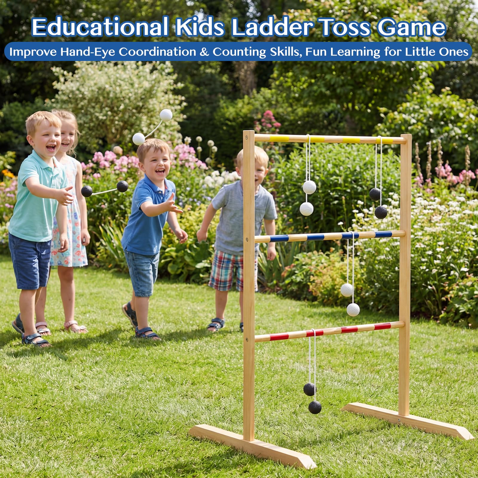 WOODENFUN Juego de escalera de golf de madera para exteriores con 9 bolas y bolsa, juego de interior y lanzamiento para adultos y niños a partir de 3 años, 90 x 62 x 58 cm