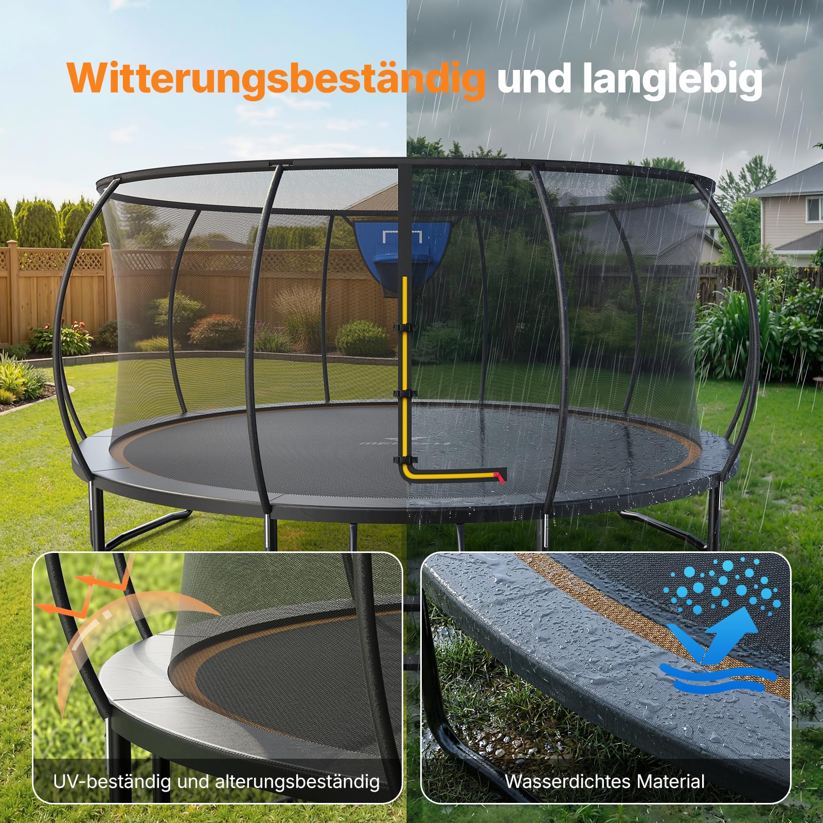 MERACH Trampolin Outdoor 305cm/366cm/427cm/488cm, Trampolin Sicherheitsnetz und Basketball, MaxLoad 150KG Bodentrampolin Outdoor Gartentrampolin