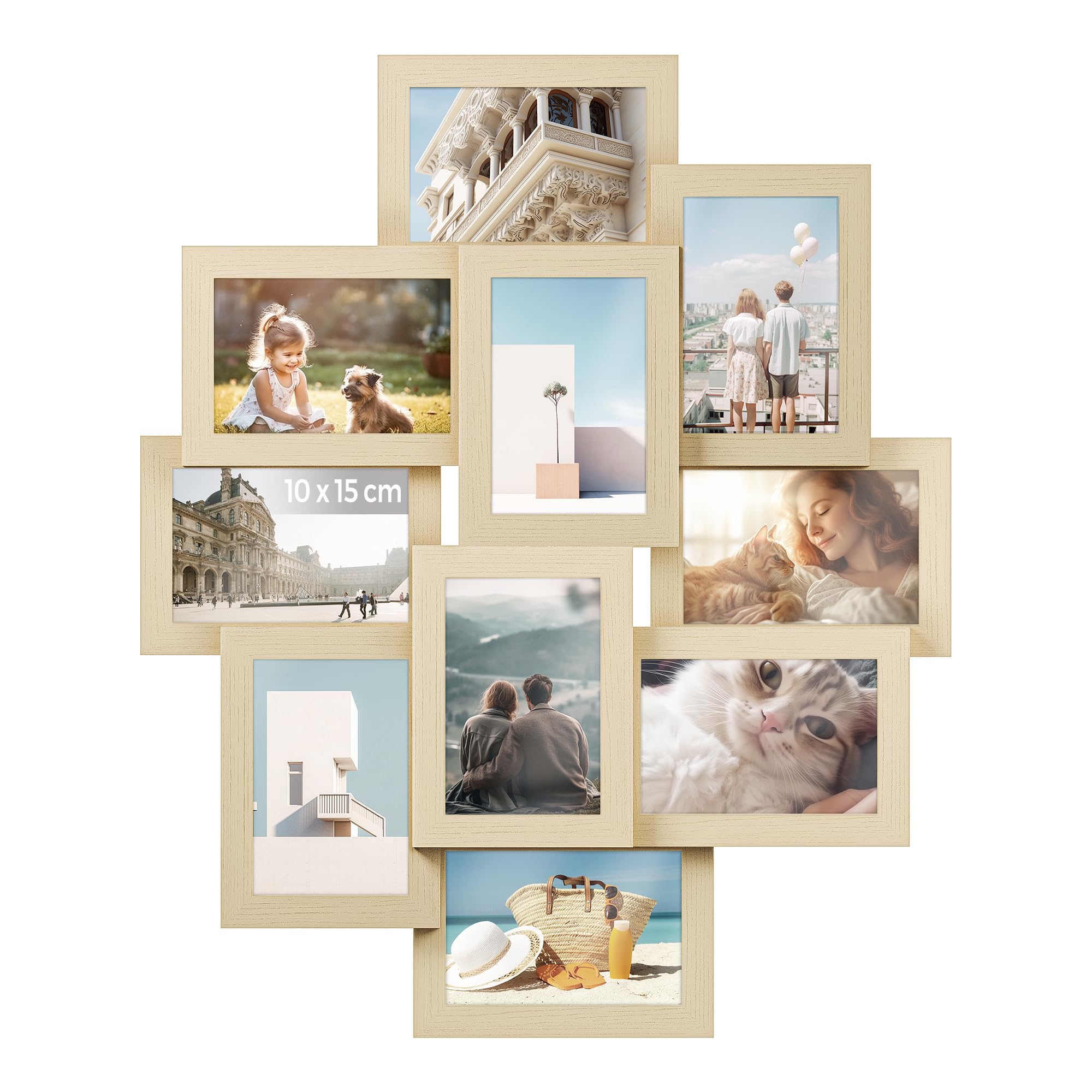 SONGMICS Collage Picture Frame, 10 Openings for 4x6 Photos, Multi-Photo Display for Wall Decor, Natural Beige RPF020N01