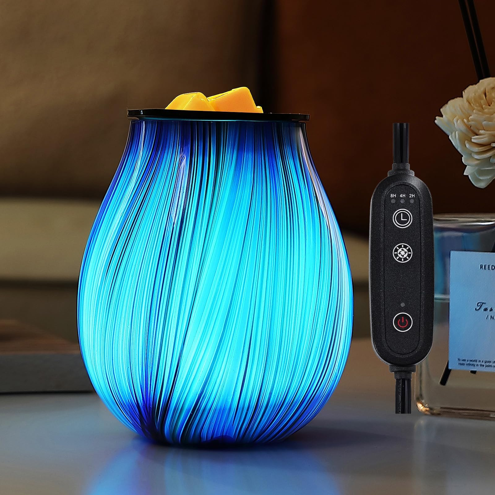 Inrorans Glass Electric Wax Melt Warmer Oil Burner with Stable Heating PTC Reusable Silicone Tray 7 Colorful Changing Led Light Night Light Scent Warmer for Home Fragrance Warmers-Blue Silk Timer
