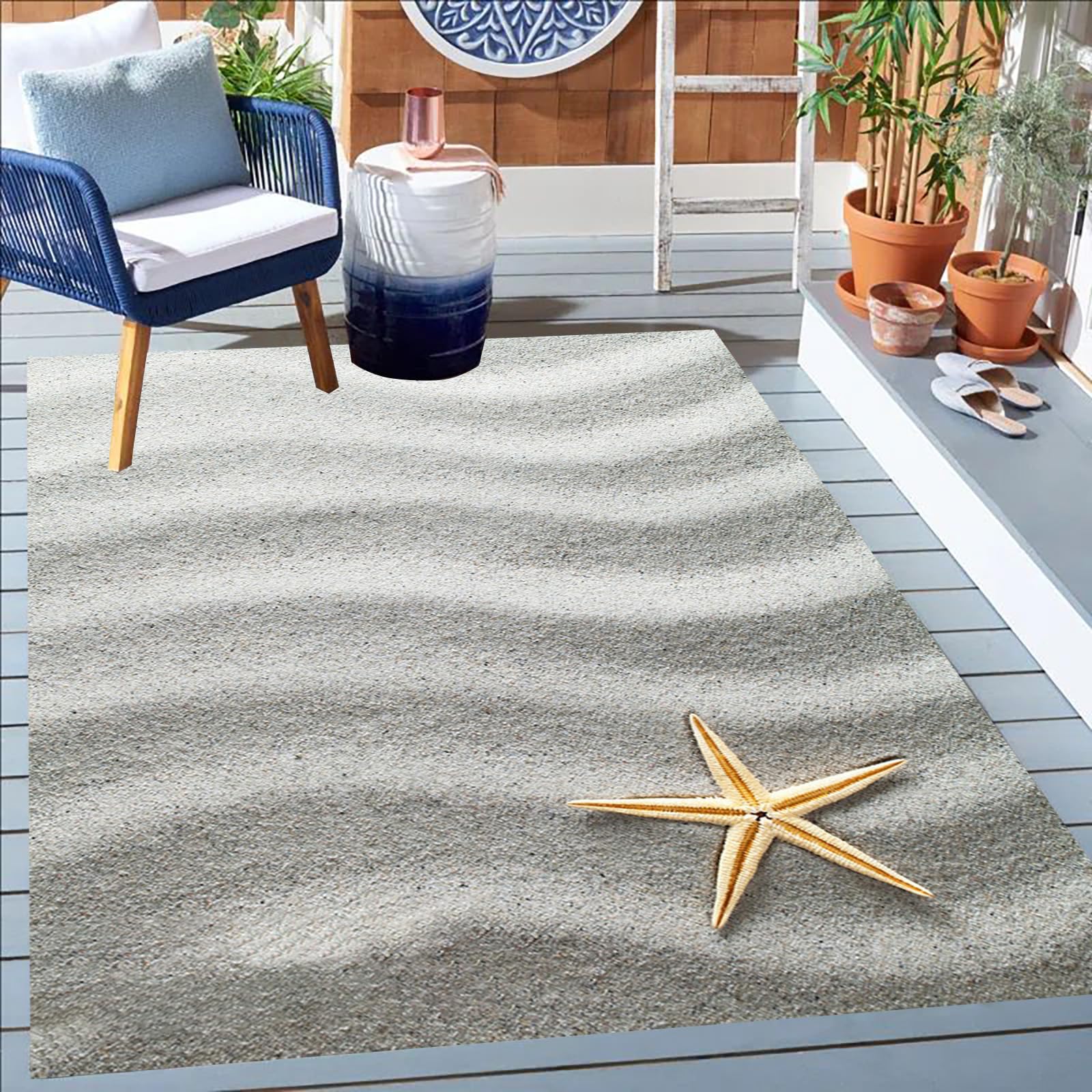 Coastal Gray Beach Starfish Decor Outdoor Area Rug for Patio Backyard Deck Porch Balcony Camping Rv Picnic Natural Ocean Grey Sand Outdoor Rug 10x16