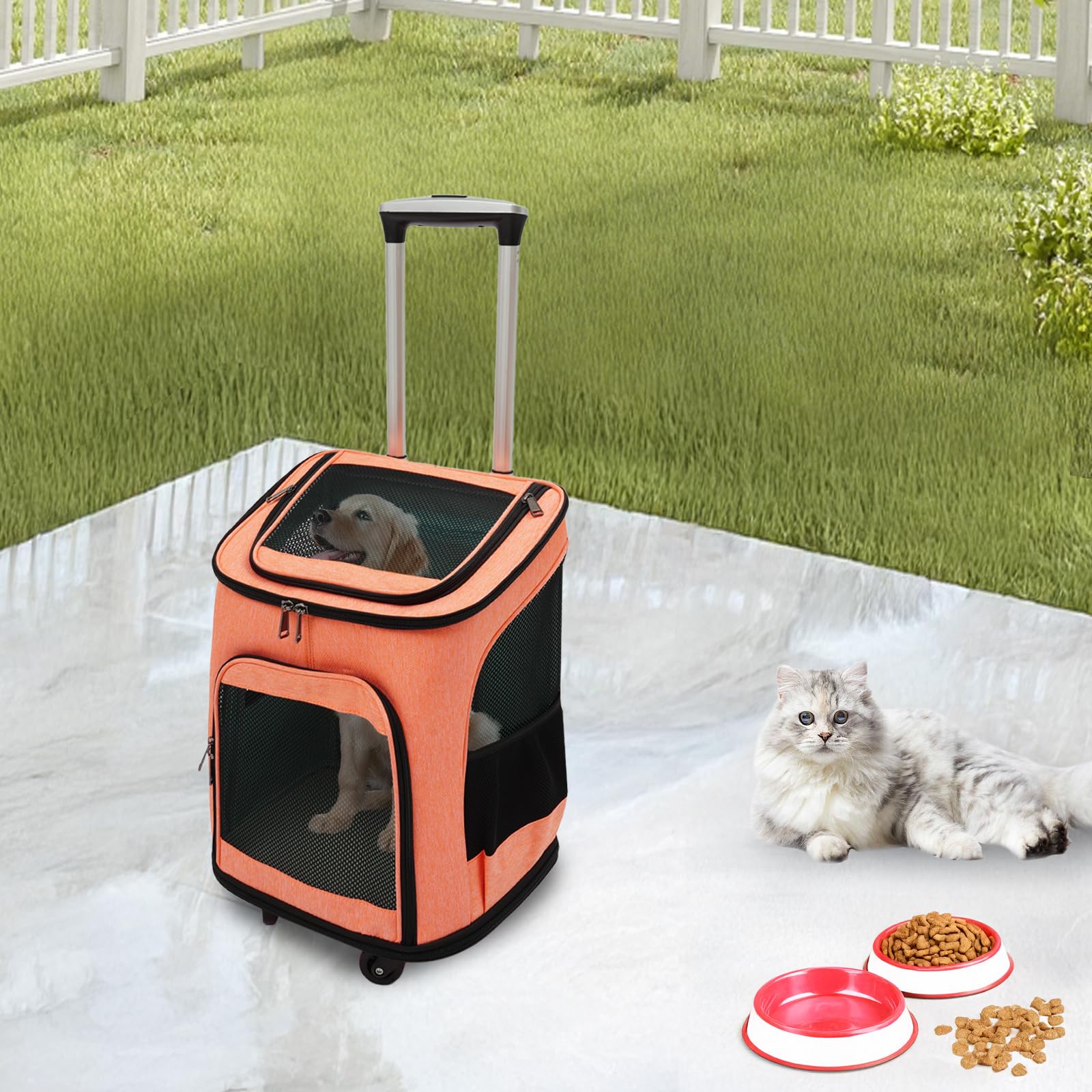 Transportín plegable para mascotas con ruedas universales y mango telescópico, transpirable, plegable, para perros de hasta 7,5 kg y gatos de hasta 9 kg (naranja)