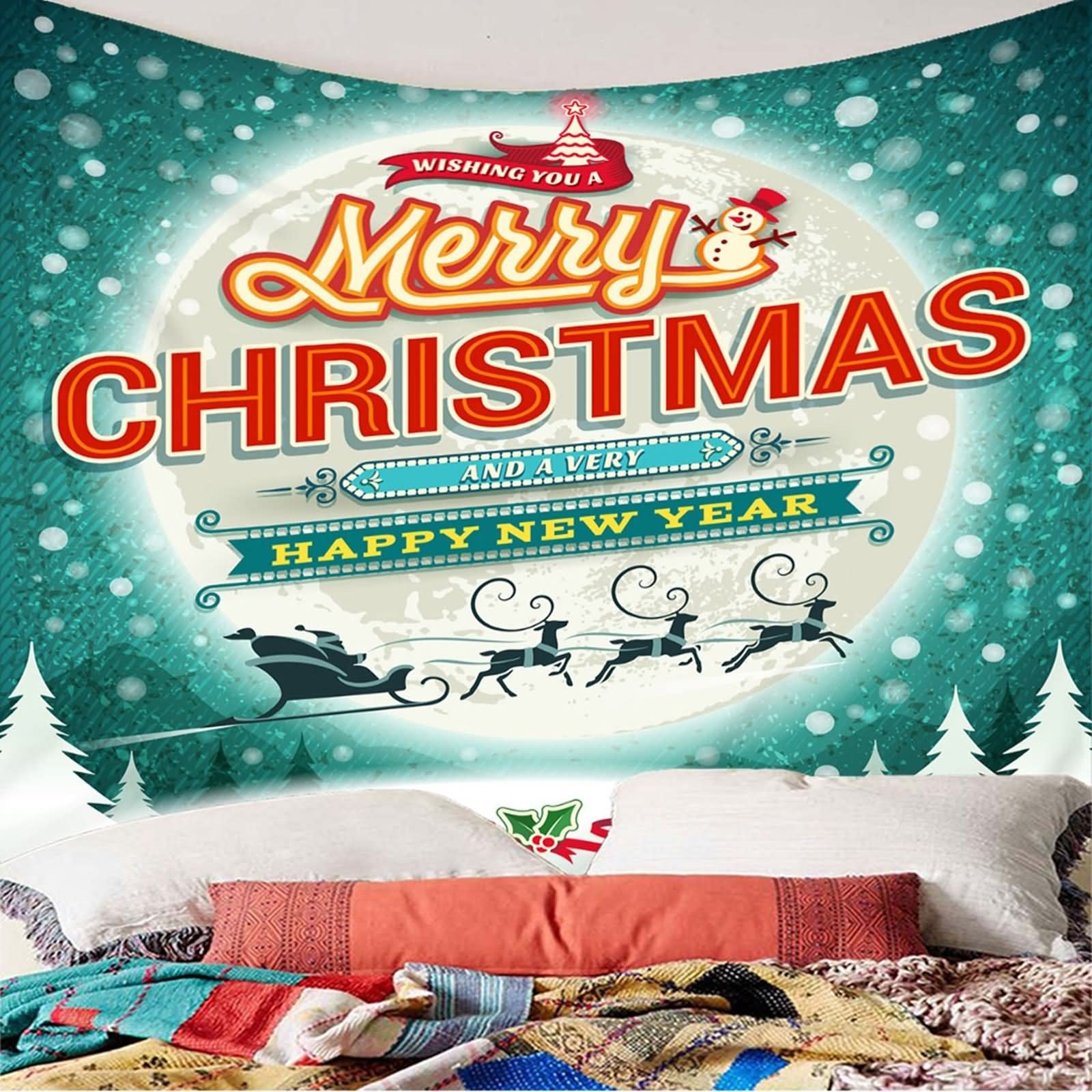 Tapisserie Fenster, Wandbehang Frohe Weihnachten Weihnachtsmann und Elch Weiß und Grün Polyester 350X256cm