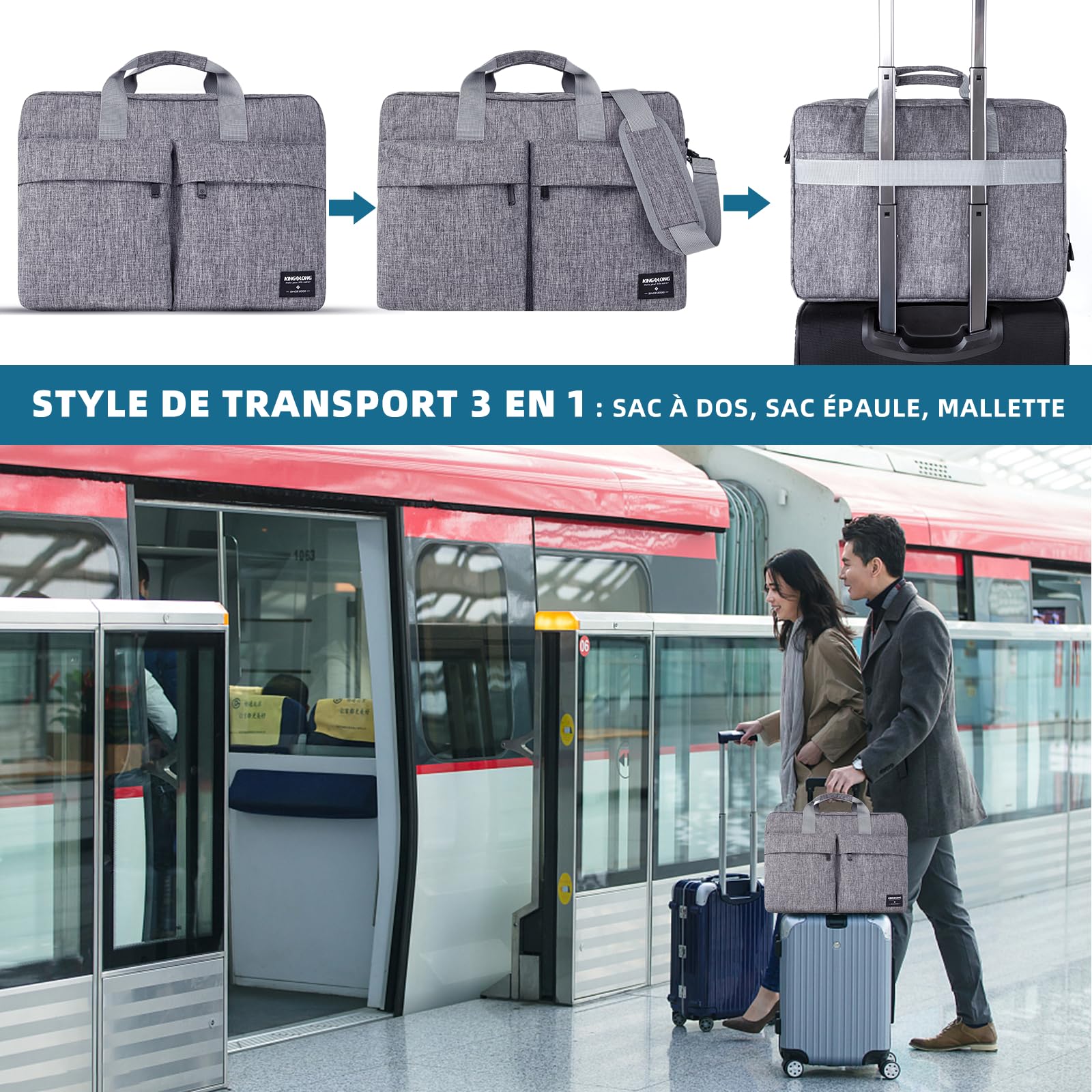 KINGSLONG Sacoche Ordinateur Portable: 17-17,3 Pouces Imperméable Sac Laptop Homme Femme Double Compartiment, Bandoulière Amovible, 2 Grandes Poches Avant – Mallette Business Travail Voyage
