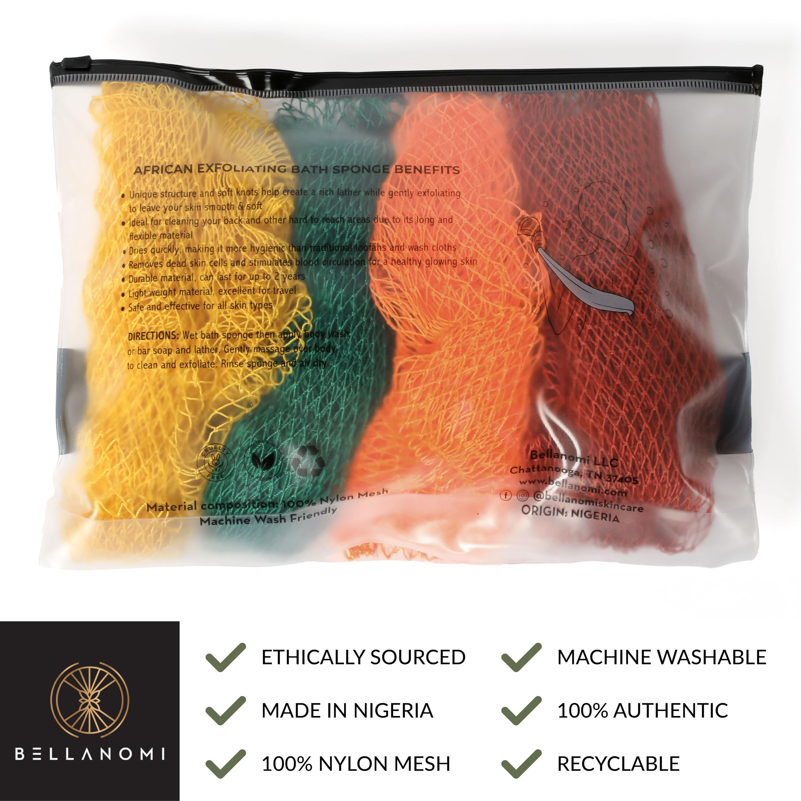 BELLANOMI 4 Piece African Exfoliating Net Sponge Long African Bath Sponge Authentic Ethically Sourced from Nigeria Great for Daily Use Copper Brown Orange Green Yellow product thumbnail 5