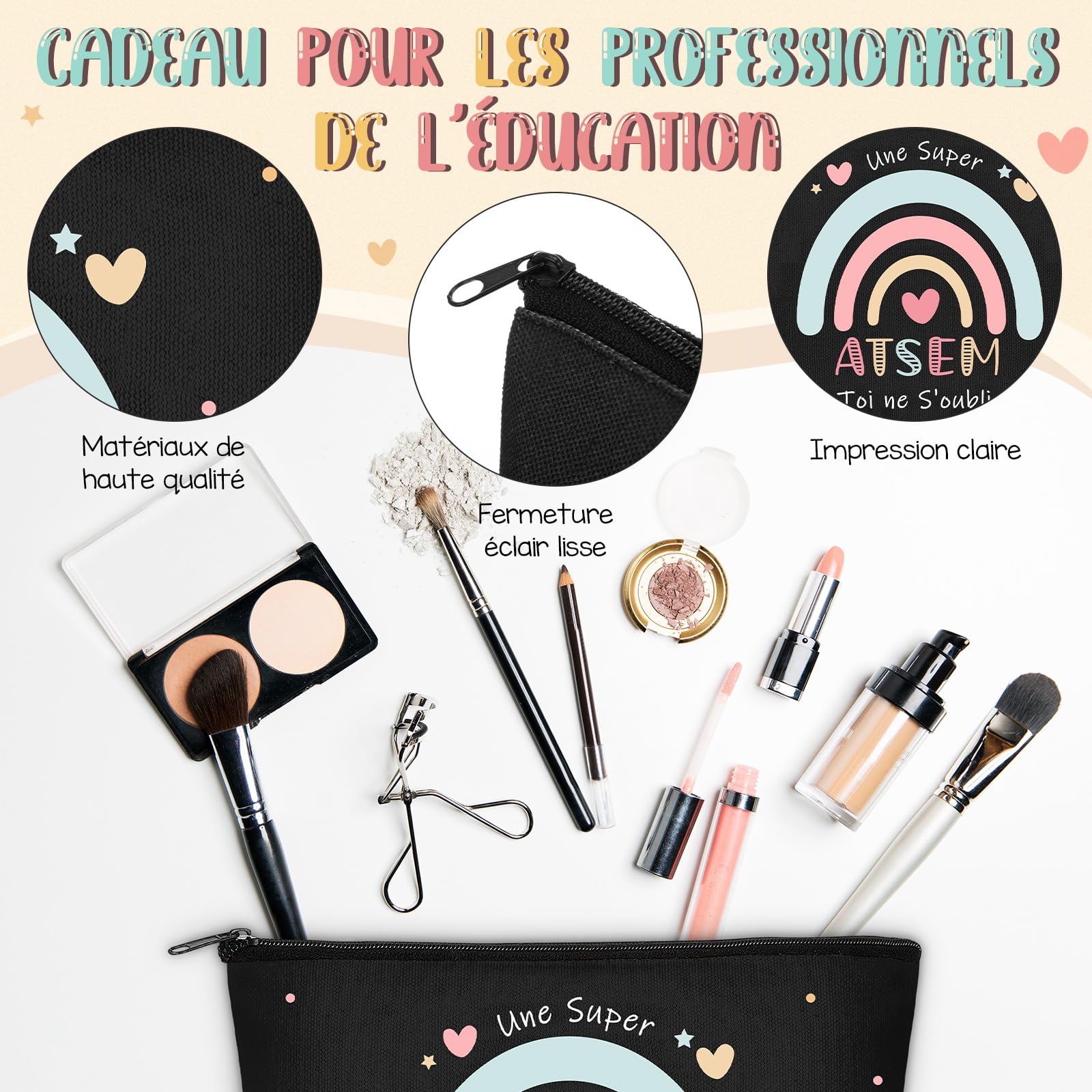 Coffret Cadeau ATSEM 3 Pièces Trousse de Maquillage Porte-Clés Stylo à Bille