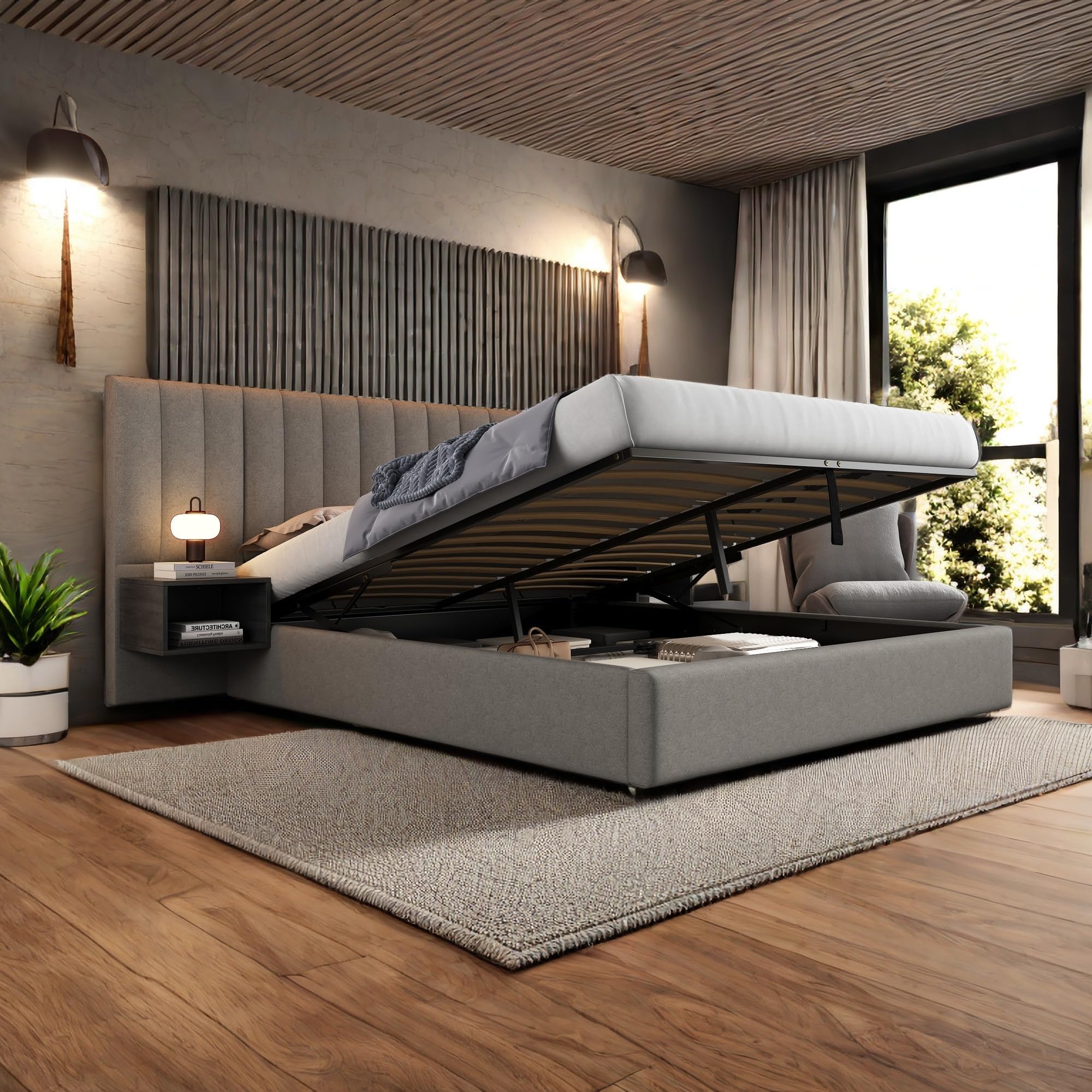 Cama acolchada de 160 x 200 cm, cama hidráulica de patas anchas, cama de matrimonio con dos mesitas de noche con contenedor, somier de láminas de madera, lino, apto para adultos y jóvenes, gris