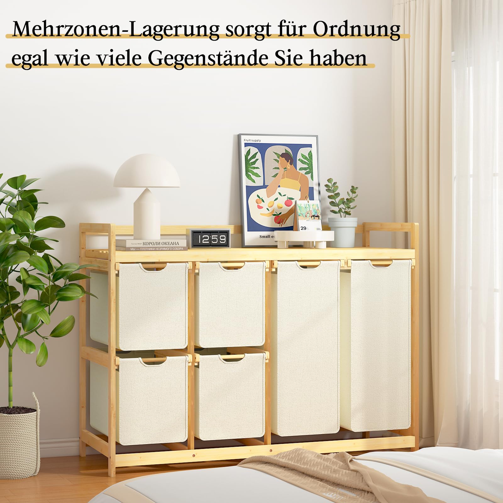 efluky 200L Wäschekorb 6 Fächer, Große Wäschesammler mit Korb Wäschesortierer mit 2 Wäschesäcken und 4 Stoffboxen, Laundry Basket Wäschebox Bambus Wäscheregal für Badezimmer, Schlafzimmer, Beige