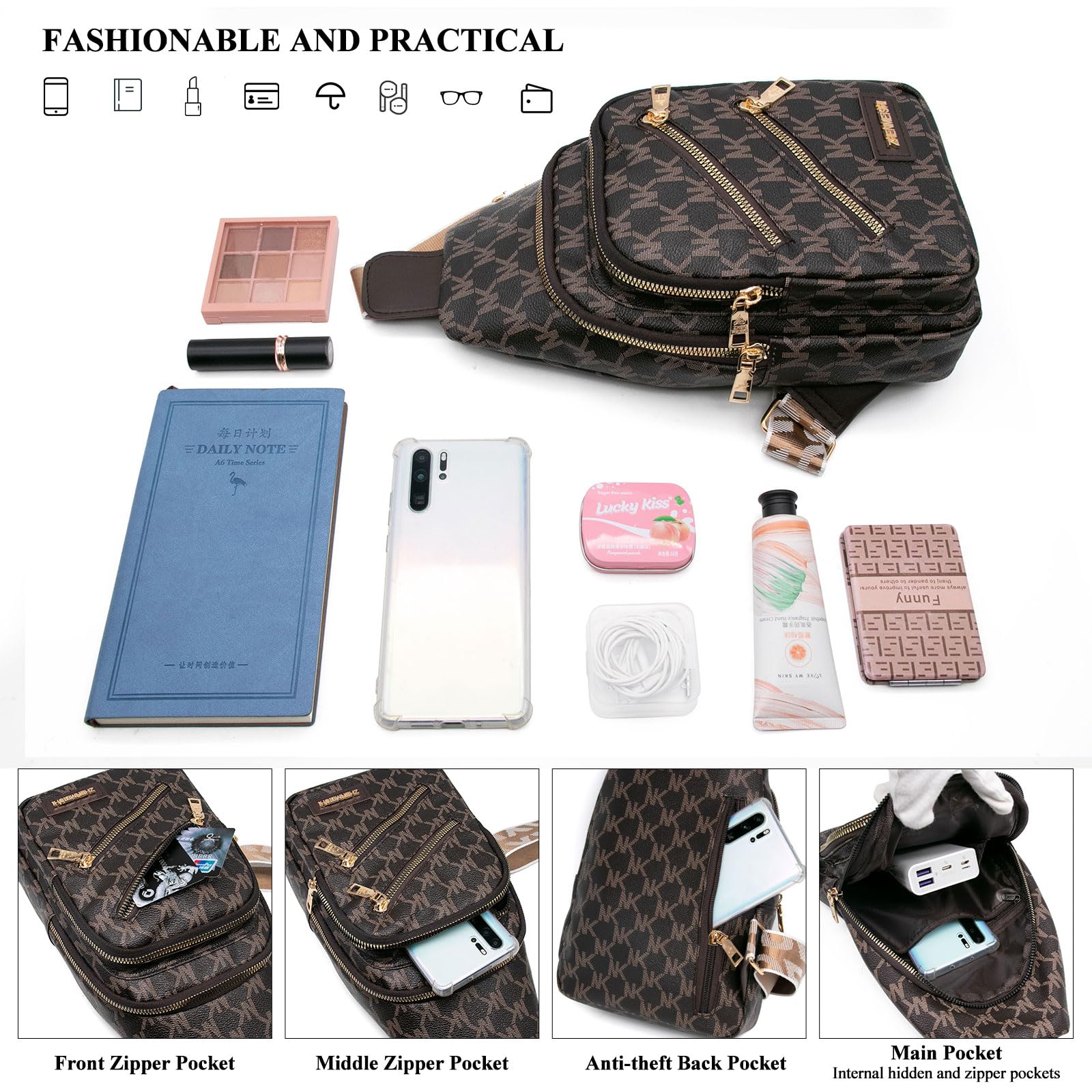 Long Keeper Zaino Monospalla Donna Pelle PU Marsupio Monospalla Piccolo Impermeabile Borsa Monospalla Viaggio Borsello Tracolla Sling Bag per Donna Uomo