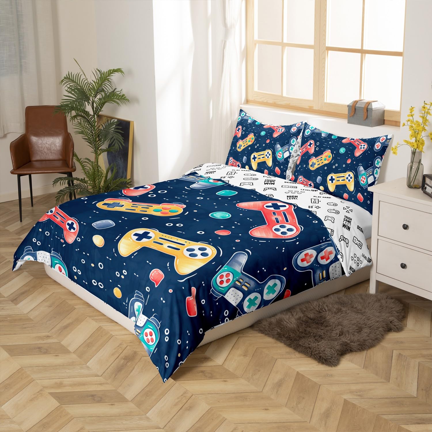 Loussiesd Gamer Bedding Set Single Size Kids Game Controller Comforter Cover Set for Boys Teens Gaming Duvet Cover Yellow Red Bedspread Cover Room Decor Quilt Cover - Image 3