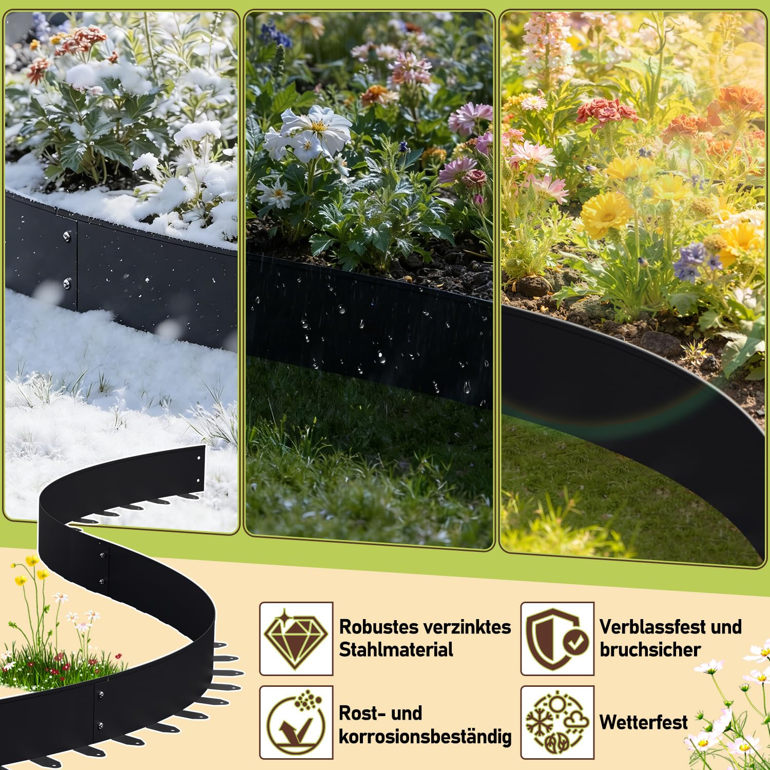 Flexible Rasenkante Metall Schwarz 100cm x 10 cm 20 Stück,Wetterfeste Beetumrandung Einfache Installation mit Erdanker,Mähkante für Blumenbeete,Hofwege,Garten