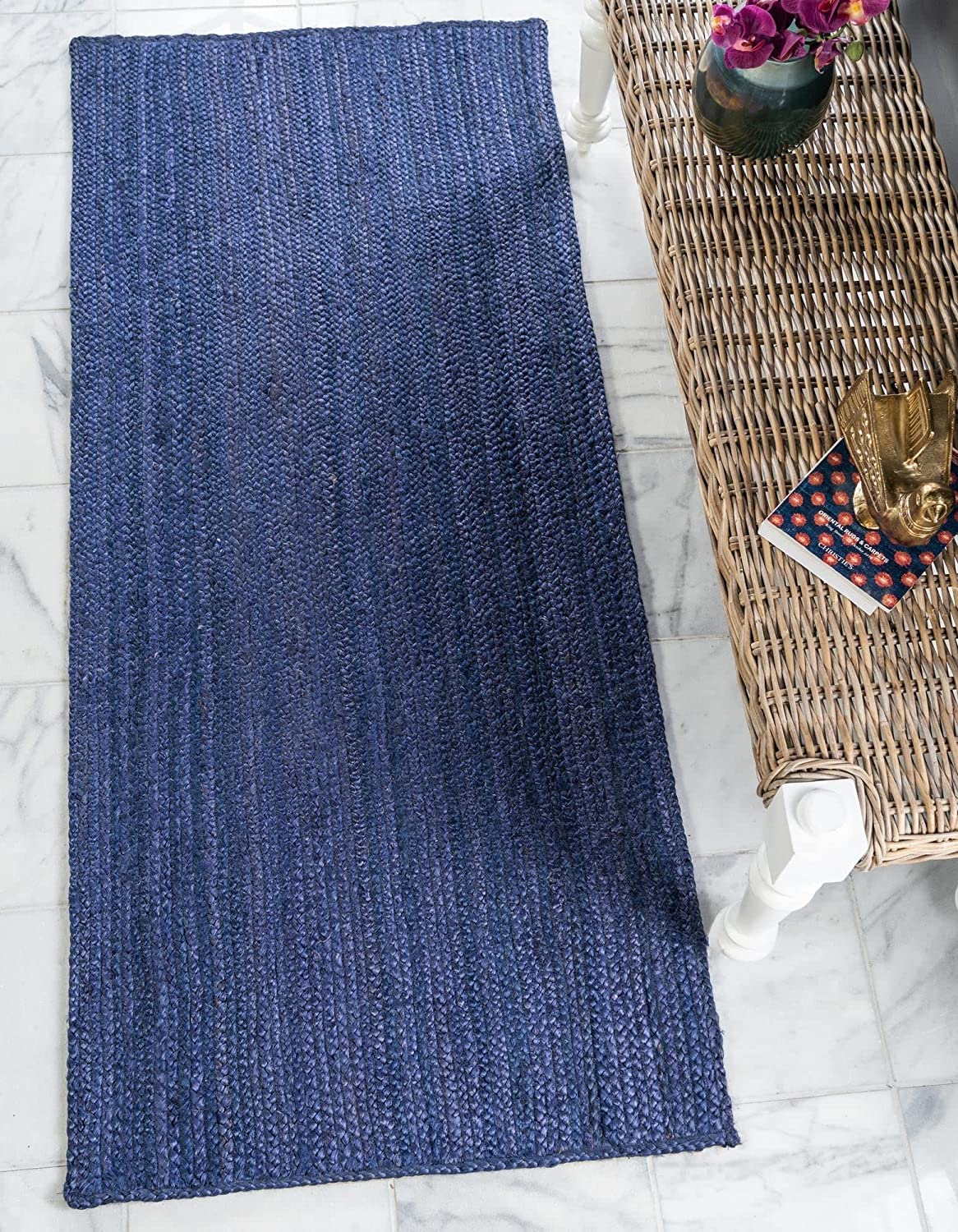Area Rugs - Alfombra india hecha a mano de yute trenzado natural para sala de estar, dormitorio (75 x 420 cm, color azul marino)