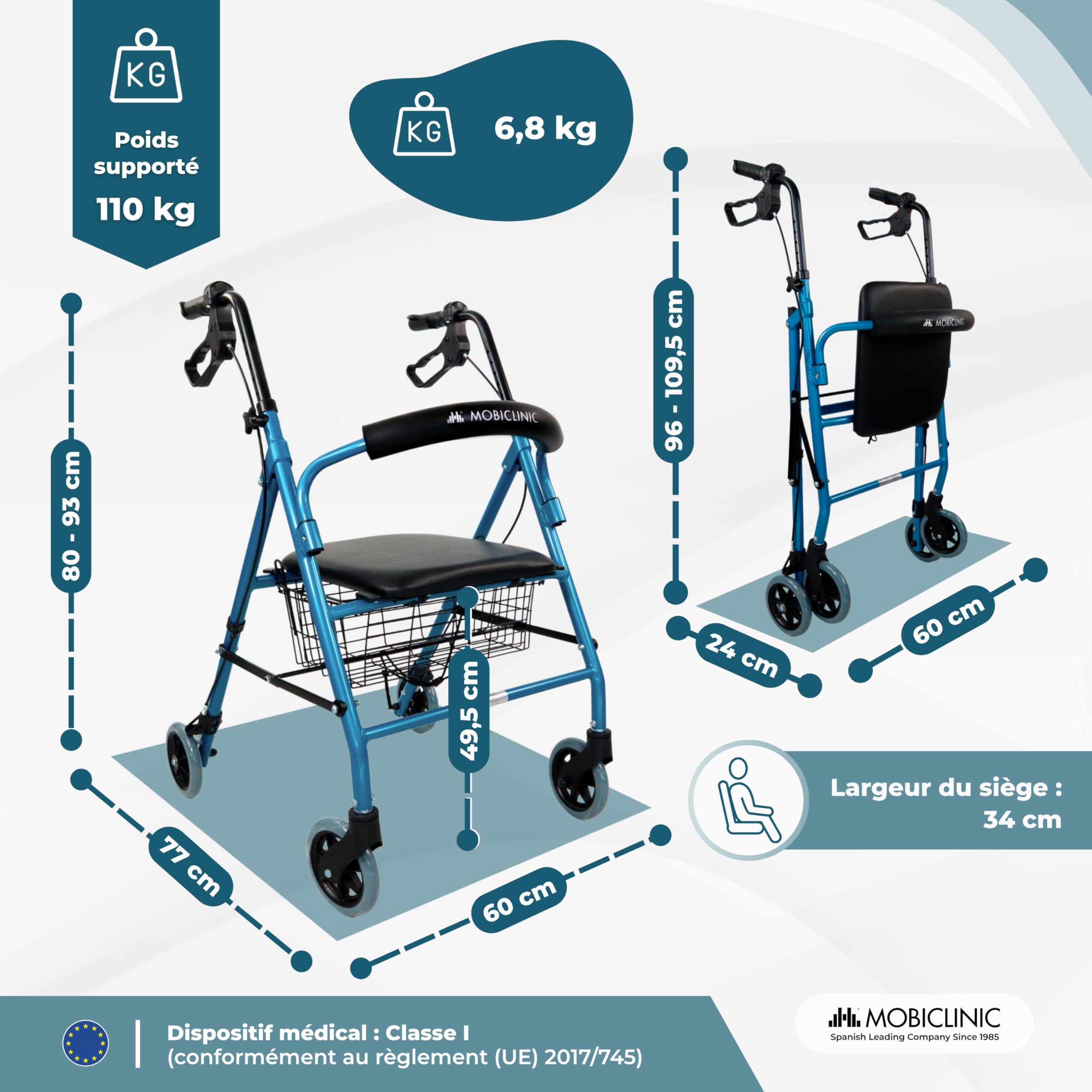 Mobiclinic®, Walking Frame For The Elderly, Model Capitel, European Brand, Foldable, Height