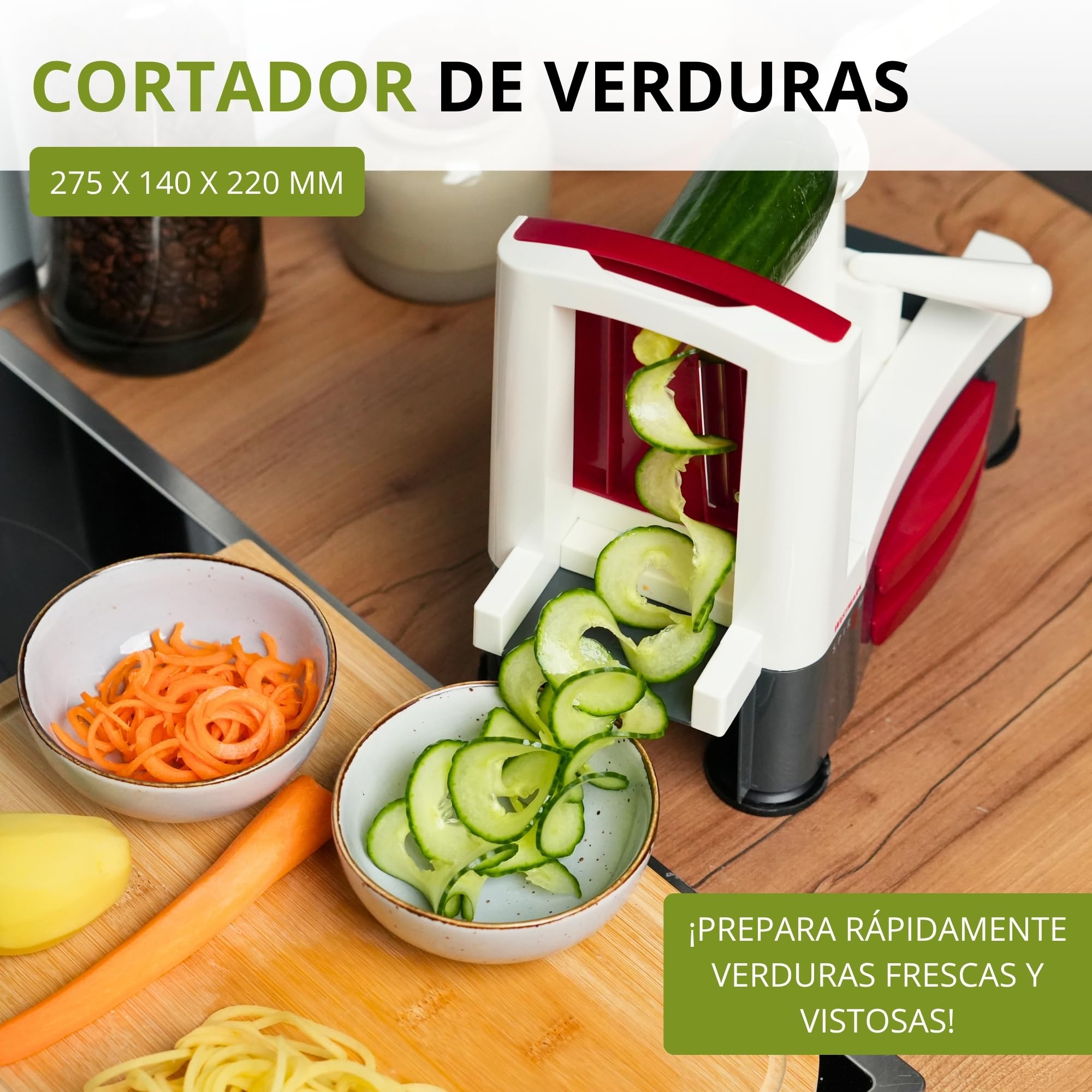 Westmark Cortador en espiral para fideos de verdura, zoodles y espirales de fruta, Con 3 insertos de corte, Cuchillas afiladas de acero inoxidable, Spiromat, Antracita/blanco/rojo, 11332260