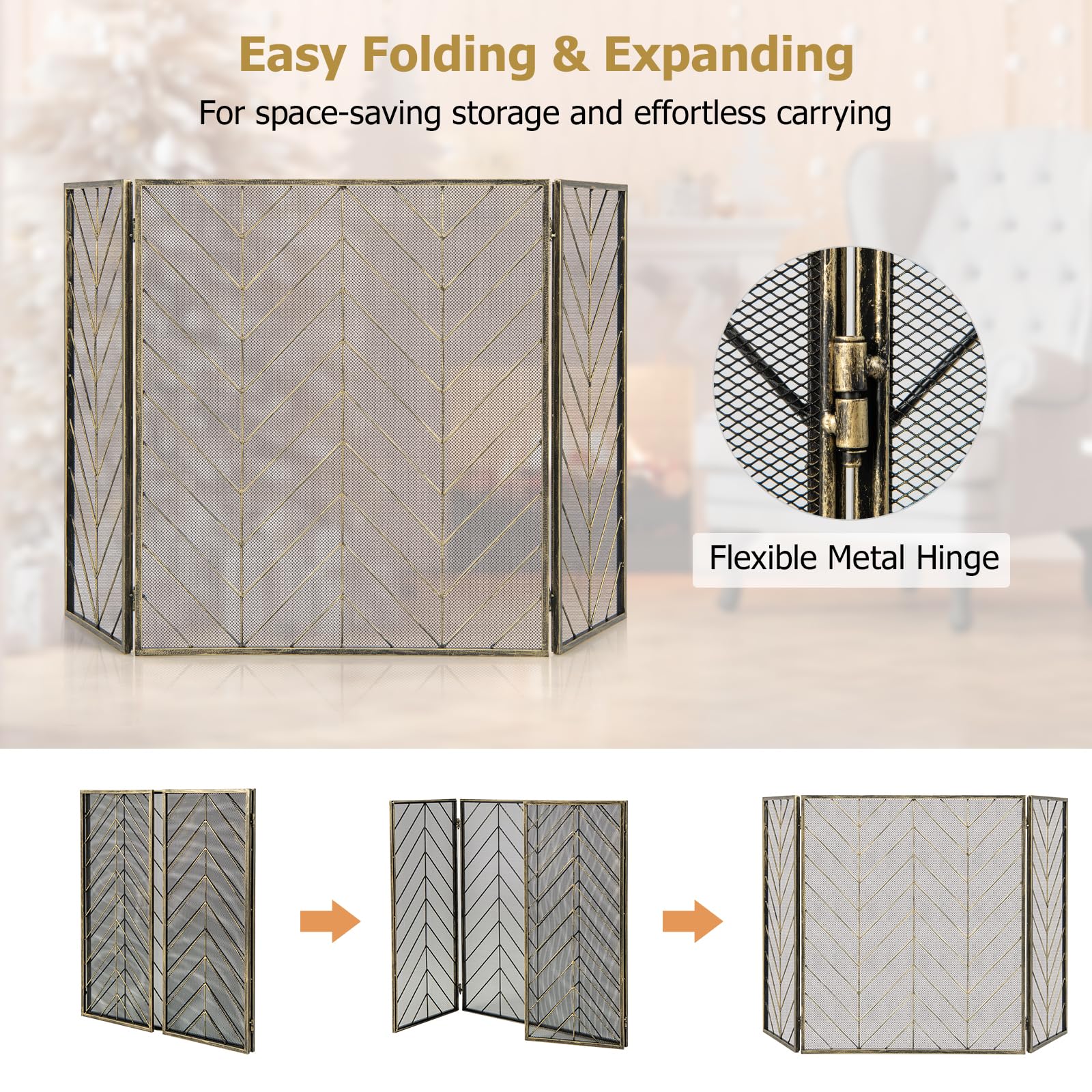 GIANTEX Écran de Cheminée à 3 Panneaux, Pare-étincelles Pare-feu Cheminée Pliable en Fer & Charnières Flexibles, Clôture de Cheminée Grille de Protection Cadre en Métal, pour Salon, Chambre (Bronzé)