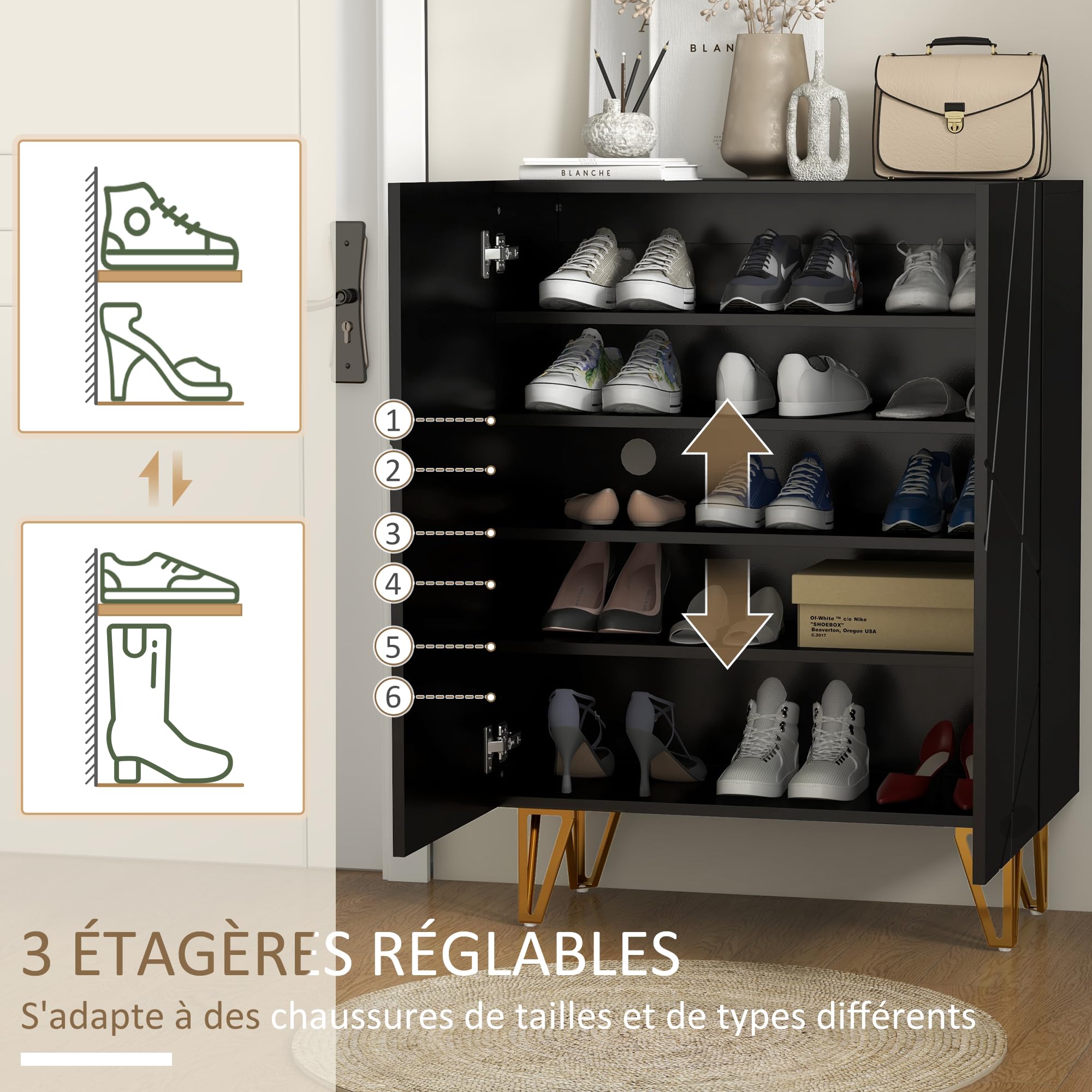 HOMCOM Meuble à Chaussures à Haute Brillance 2 Portes Noir Laqué | Meuble de Rangement à Chaussures pour 15 à 20 Paires, Charnières à Fermeture Douce, Étagères Réglables