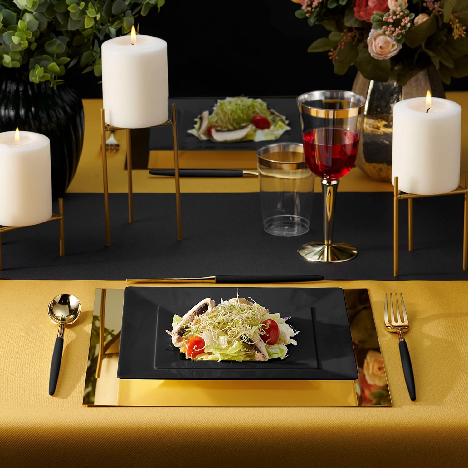 BloominGoods 100 PCS Disposable Plastic Black Square Plates, 100-Pack 6.5 & 10 In. Combo Premium Heavy Duty Square Plastic Plates, Ideal For Wedding, Party, Event Or Catering - Image 2