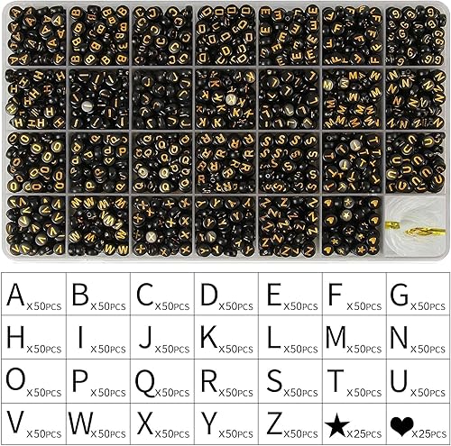 Miniatura 9 de Yochus 1400 cuentas negras de letras de 0.16 x 0.27 pulgadas (0.157 x 0.276 in), juego de cuentas de letras acrílicas doradas para hacer joyas y
