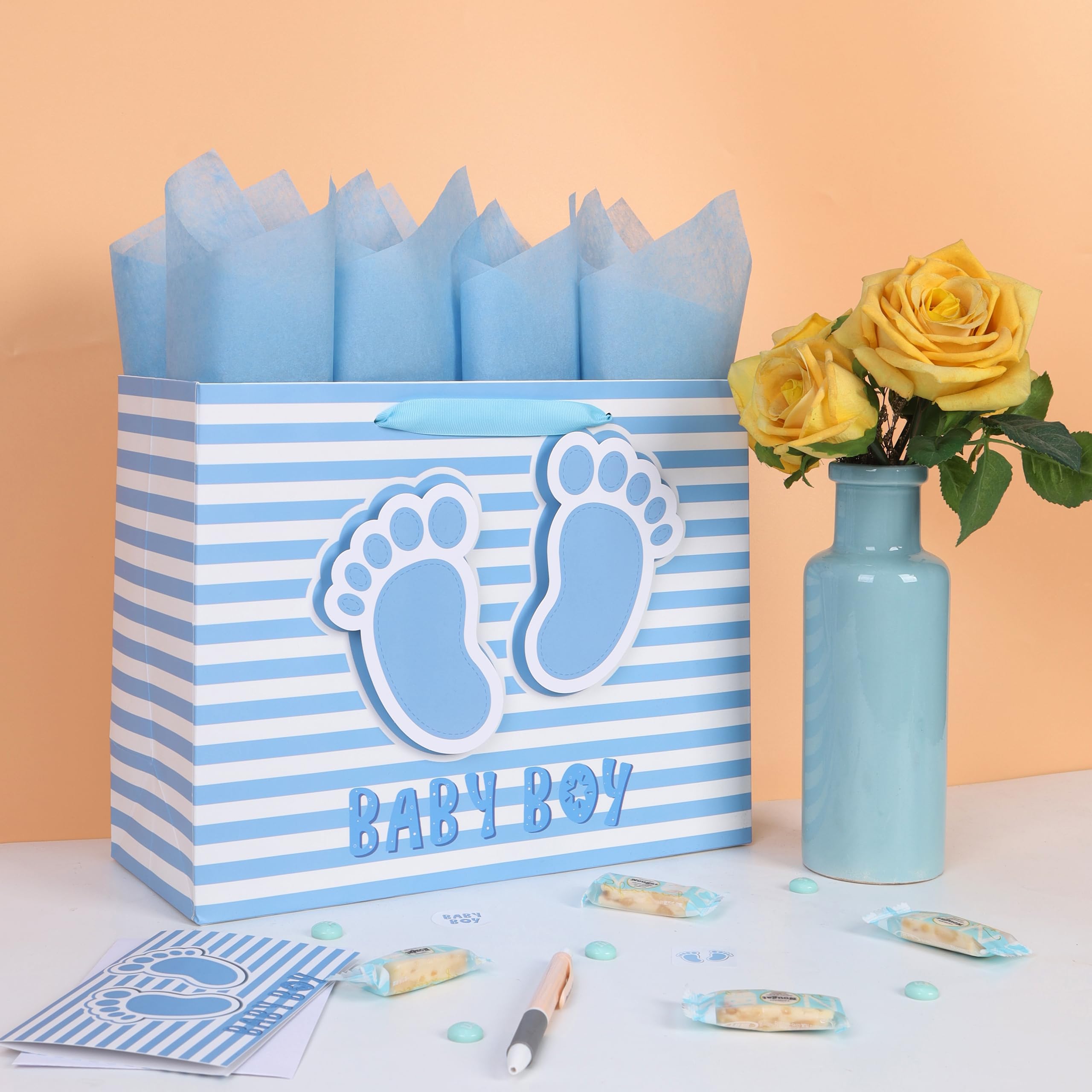 13” Large Baby Boy Gift Bag Set with Handles, Greeting Card, Blue Tissue Papers and Stickers for Boys Kids for Baby Shower, Boys' Birthday Party, Newborn, New Moms, Little One, 1st Baby, 3D Footprints Design, 1 Pcs