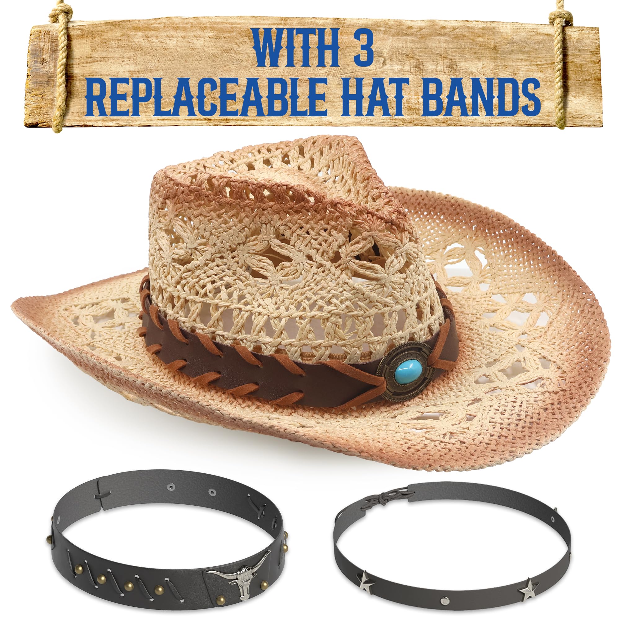 Funcredible Straw Cowboy Hat for Women - Straw Cowgirl Hat - Vintage Cowboy Hat with 3 Replaceable Hat Bands