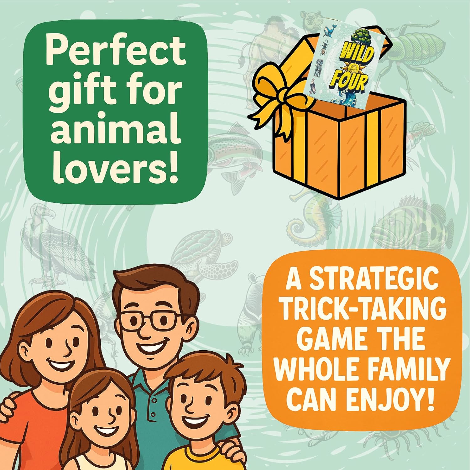 Wild Four – Family-Friendly Trick-Taking Card Game with Bugs, Birds, Fish, And Mammals - Easy Rules, No Pen And Paper Required - Gifts For Animal Lovers - Ages 8+, 3-8 Players, 20 Mins