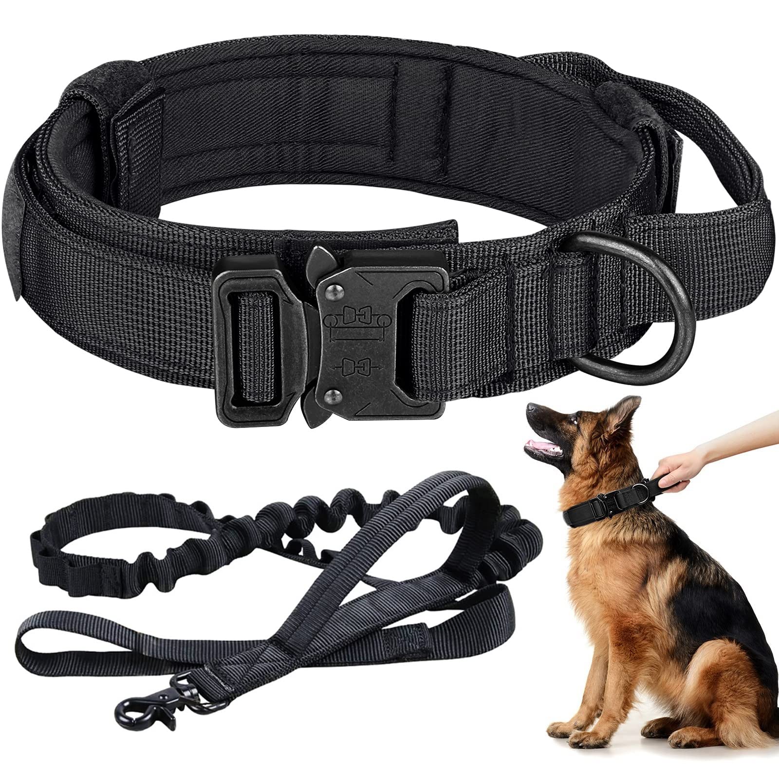 Eitchen Tactical Dog Collar and Leash Set Heavy Duty Military Dog Collar with Handle and Metal Buckle for Medium and Large Dogs (Black, L)