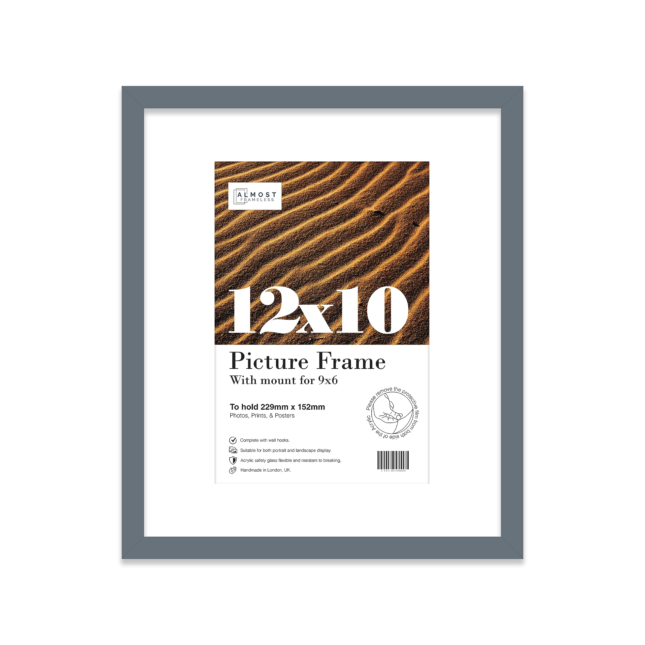 Almost Frameless 12x10 Grey Picture Frame With Mount for 9x6 Print, Poster or Photo Poster, Photo, Artwork, or Print. Thin Edge Slim Frame Portrait and Landscape Display with Wall Hooks โ image 1