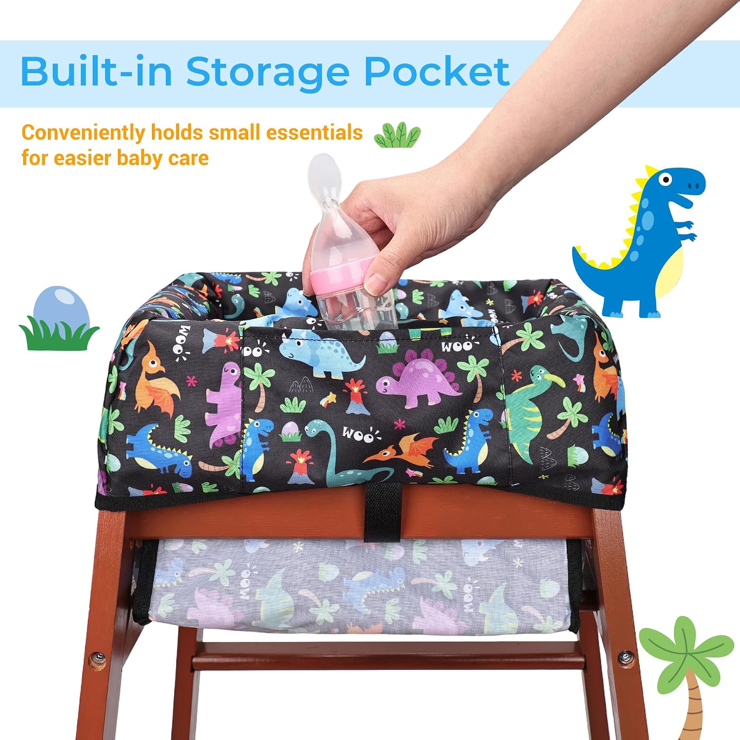 COOLBEBE Baby High Chair Cover with 3-Point Harness, Waterproof & Machine Washable Portable Seat Cover, Fits Wooden Chairs for Restaurant, Travel, Home & Dining Out, Black Dinosaur