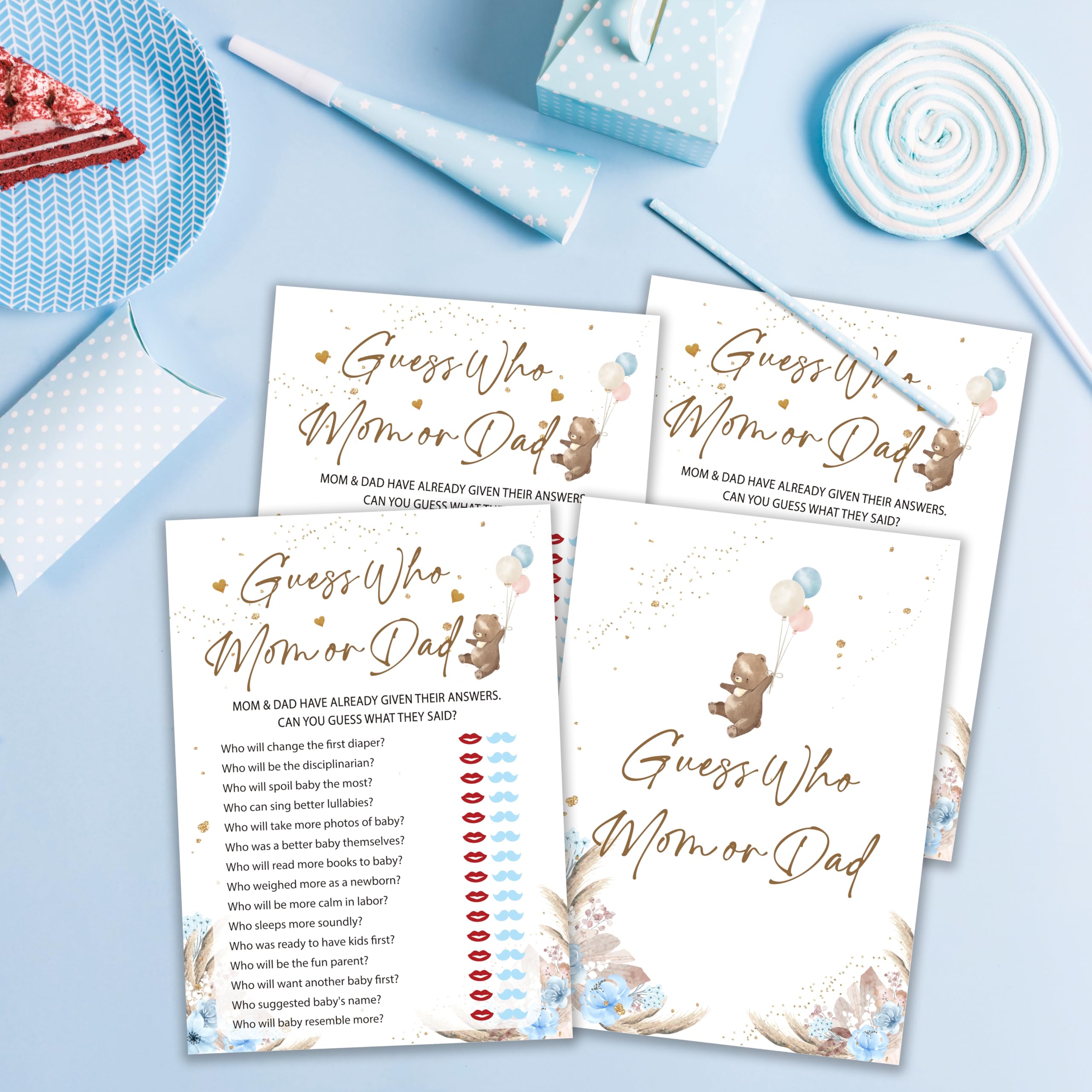 Gry na baby shower, 'Guess Who Mommy or Daddy', motyw niedźwiedzia, niebieska karta do gier na baby shower dla 25 graczy, neutralna płeć pomysły na imprezę, upominek, baby shower chłopcy dekoracje