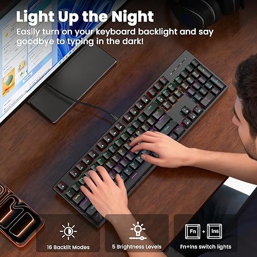 Miniatura 4 de Mechanical Gaming Keyboard Wired, Red Switch USB Keyboard, 104 Key Full Size Light Up Computer Keyboard for PC Mac