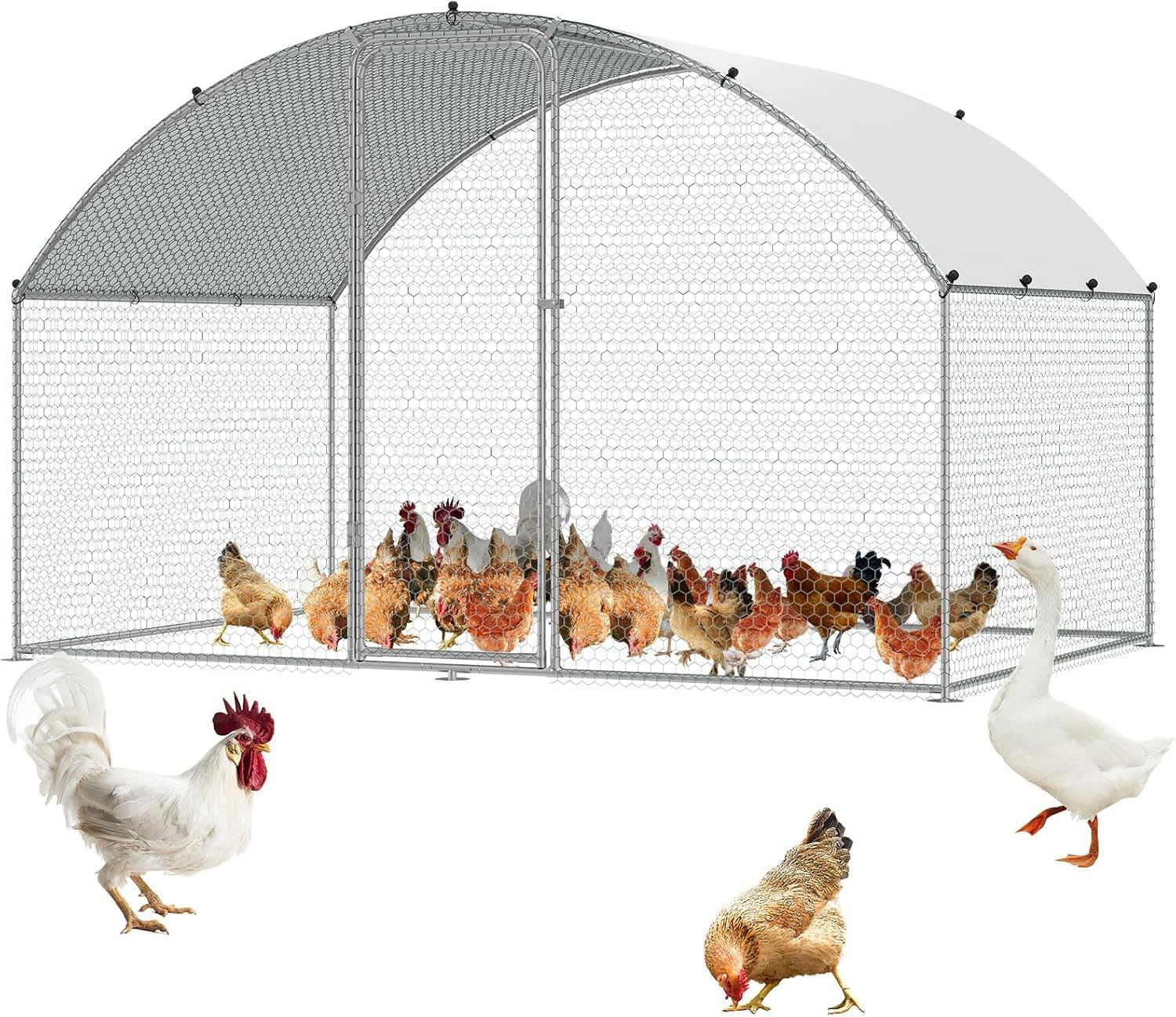 Enclos Poulailler Extérieur 6 m² à Toit Arrondi en Acier Galvanisé avec Bâche PE Imperméable et Porte Verrouillable – Parc Grillagé pour Poules, Lapins et Petits Animaux – 2 x 3 x 2 m