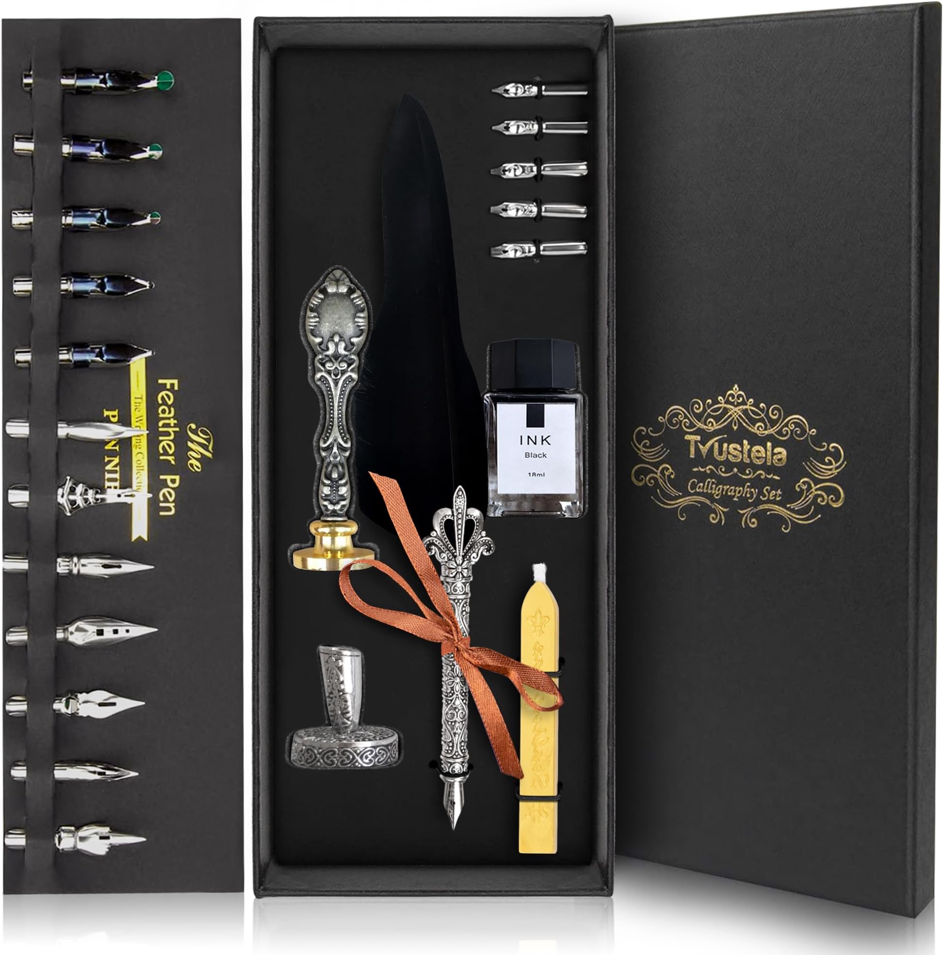 Feather Quill Pen Set - Calligraphy Dip Pen Set Includes Big Feather Pen With 18 Calligraphy Nibs And Pen Holder In A Gift Box For Writing And Antique Desk Decor (BlackFeather)