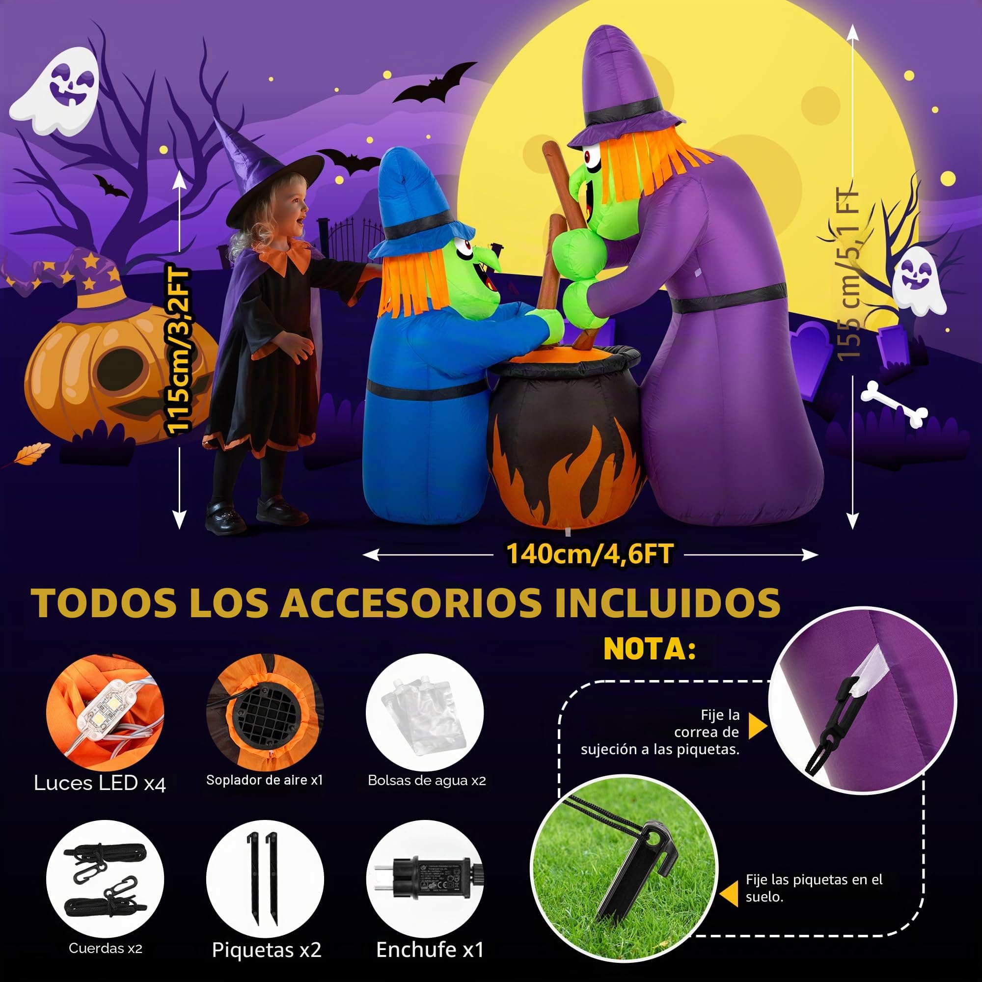 Solpex Decoración de Halloween, decoración Inflable de Bruja, 150 cm/5 pies LED Blancos Integrados, Espeluznante Inflable para Fiestas, jardín, Ventanas (Lila y Azul)