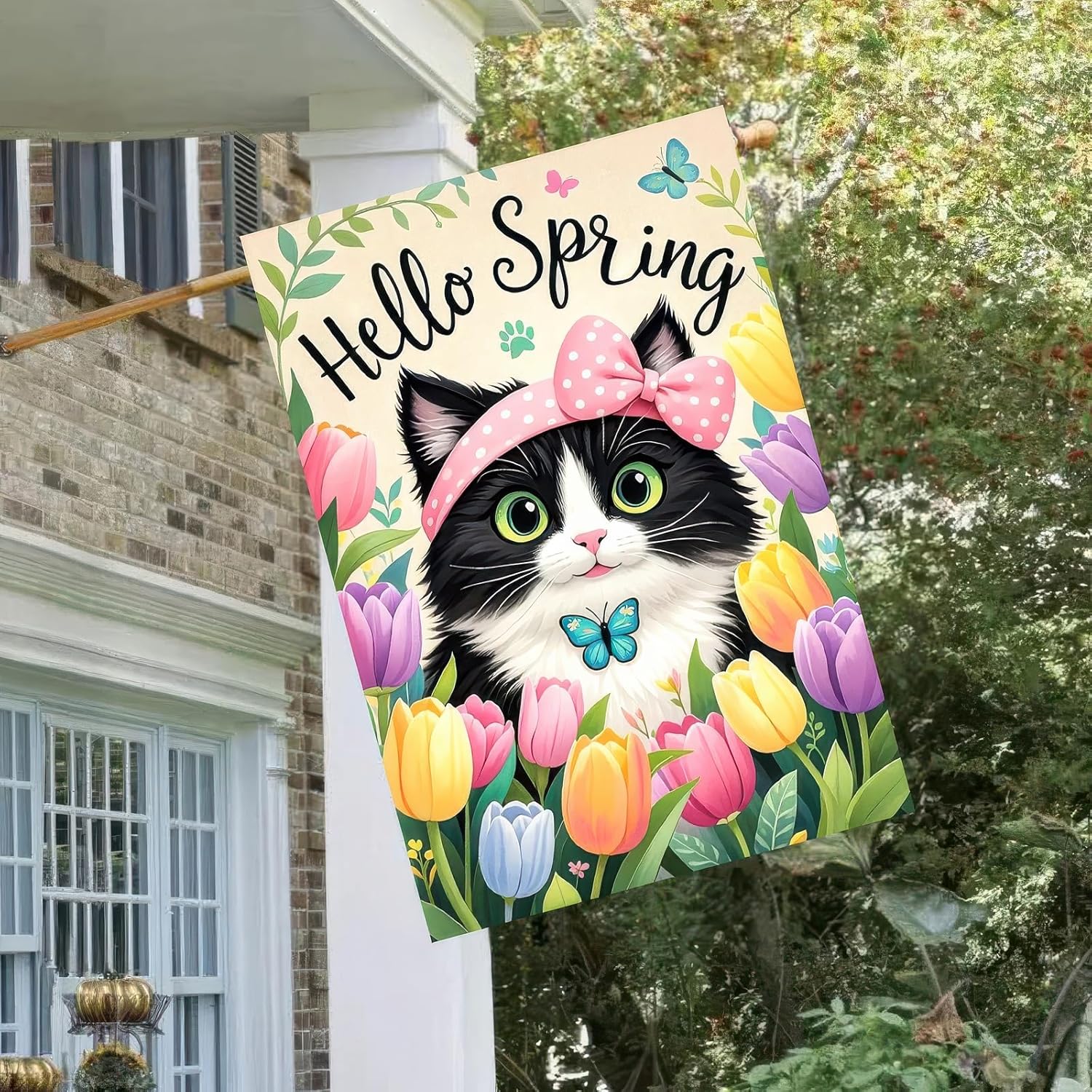 Hello Spring Garden Flag 12x18 Inch Double Sided Cute Cat Tulips Seasonal Welcome Small Flags For Outside Outdoor Decor Yard Farmhouse Holiday Spring Summer Decorations Yard Flags - Image 7