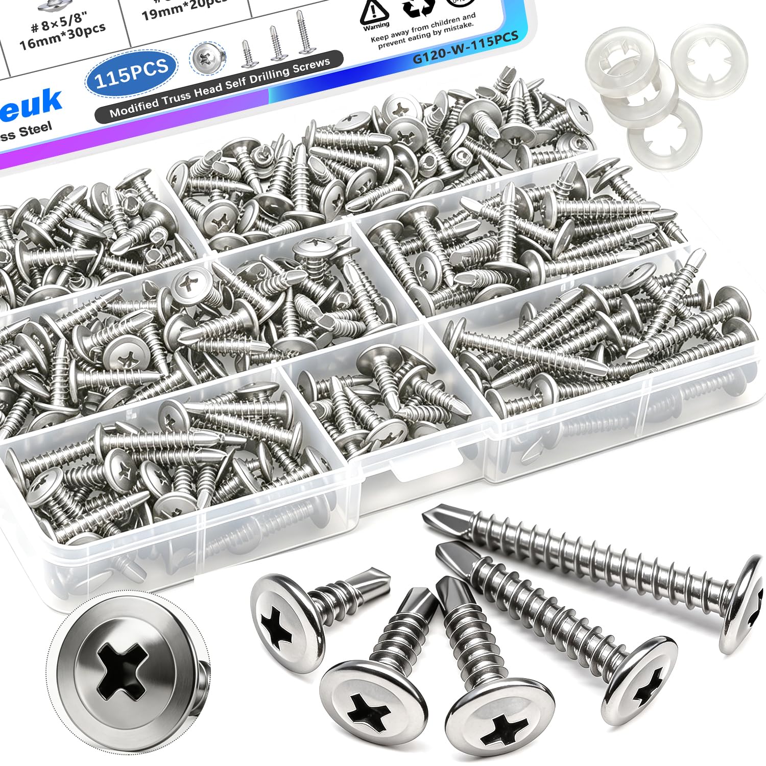 mxuteuk 230PCS #8 Self Tapping Screws for Metal,410 Stainless Steel Self Drilling Screws,1/2",5/8",3/4",1",1-1/4" Truss Head Sheet Metal Screws with Rubber Washers for Metal,Plastic,Wood(115pcs Sets) — Amazon image 14