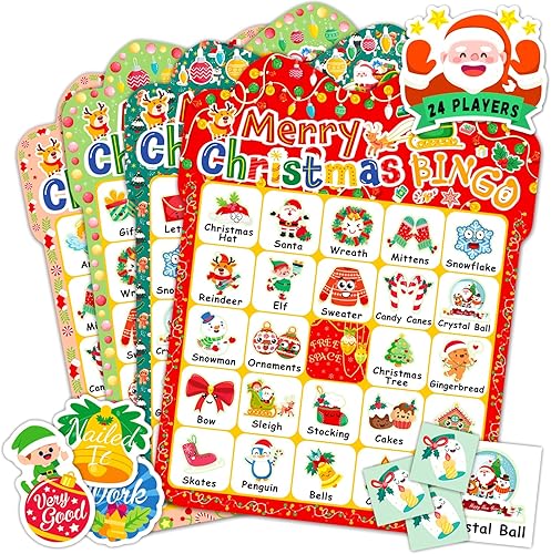 Juego de bingo de Navidad para niños de 24 jugadores, tarjetas de bingo de Navidad, juegos de fiesta de Navidad para familia, escuela, aula,