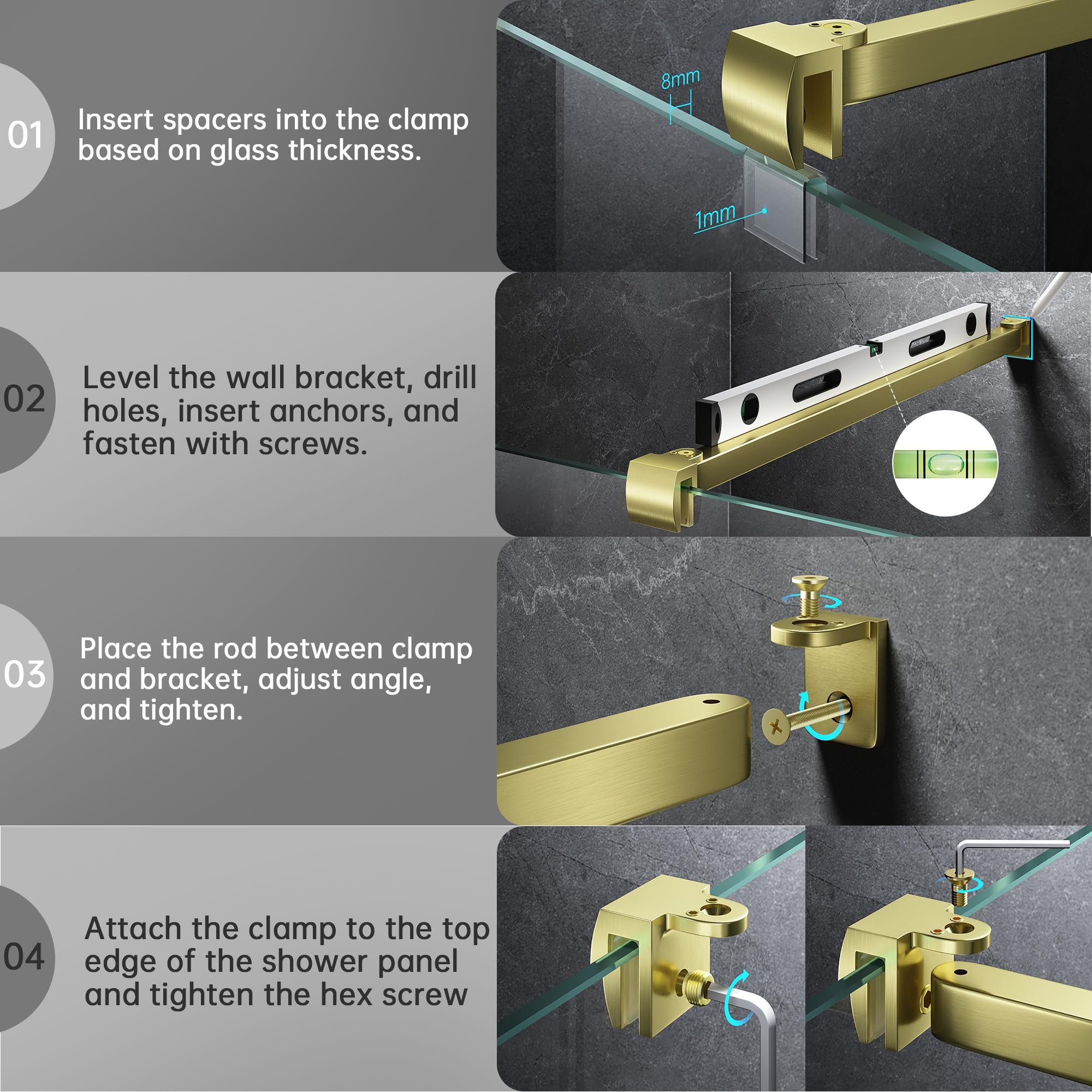 Barra de soporte para puerta de ducha sin marco, brazo de soporte de pared a vidrio de acero inoxidable para panel de vidrio de ducha fijo, para vidrio de 6-10 mm, pivote de 180° y modo plano (oro