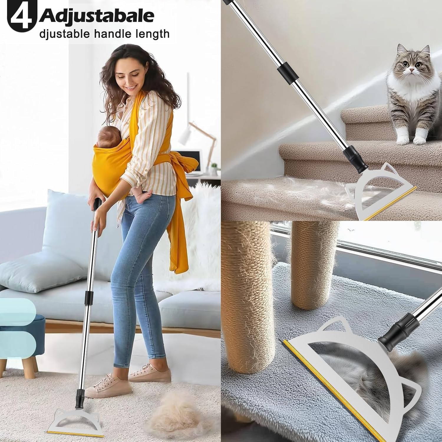 HGYZE Carpet rake for pet Hair Removal Adjustable Long Handle Advanced Pet Hair Removal Tool Reusable Dog Cat Hair Remover,Pet Hair Removal Broom (60 inch-4 adjustable lengths) - Image 4